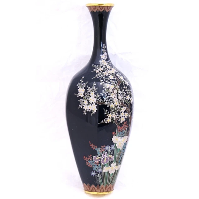 A JAPANESE CLOISONNE BLUE IRIS-CHERRY BLOSOM VASE BY OTA KI...