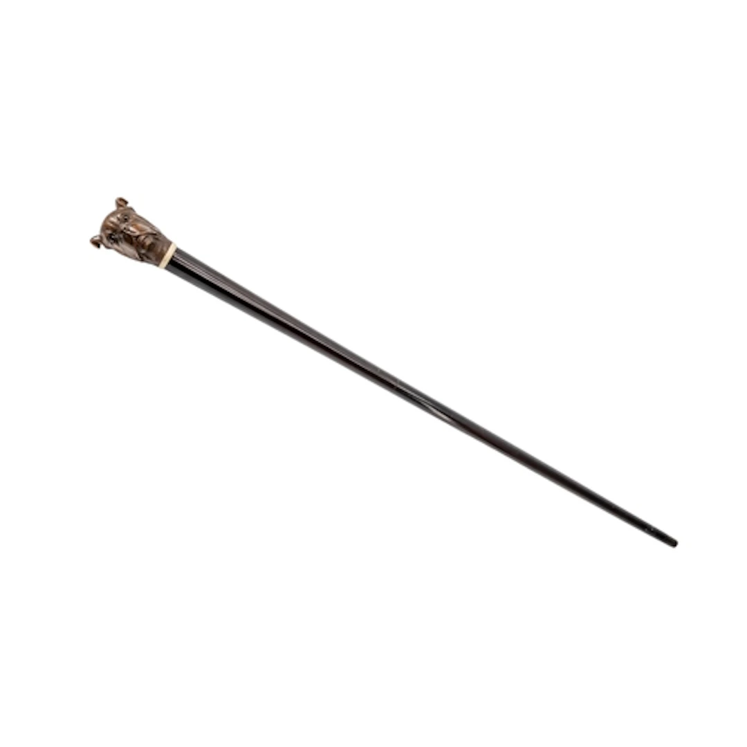 A FINE CONTINENTAL CARVED BULLDOG HANDLE WALKING CANE LATE 1...