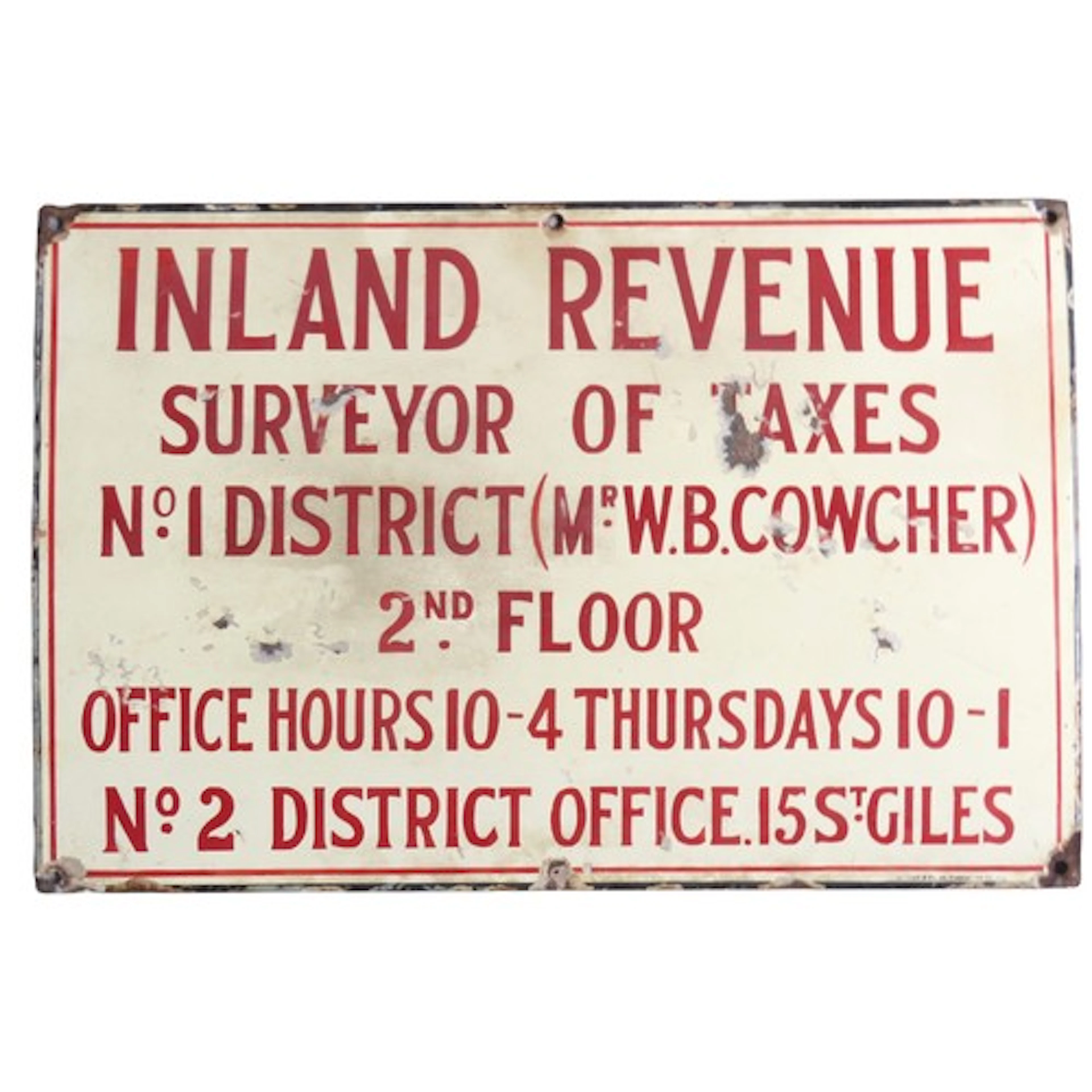 A VINTAGE ENAMELED INLAND REVENUE SIGN red script on a white...