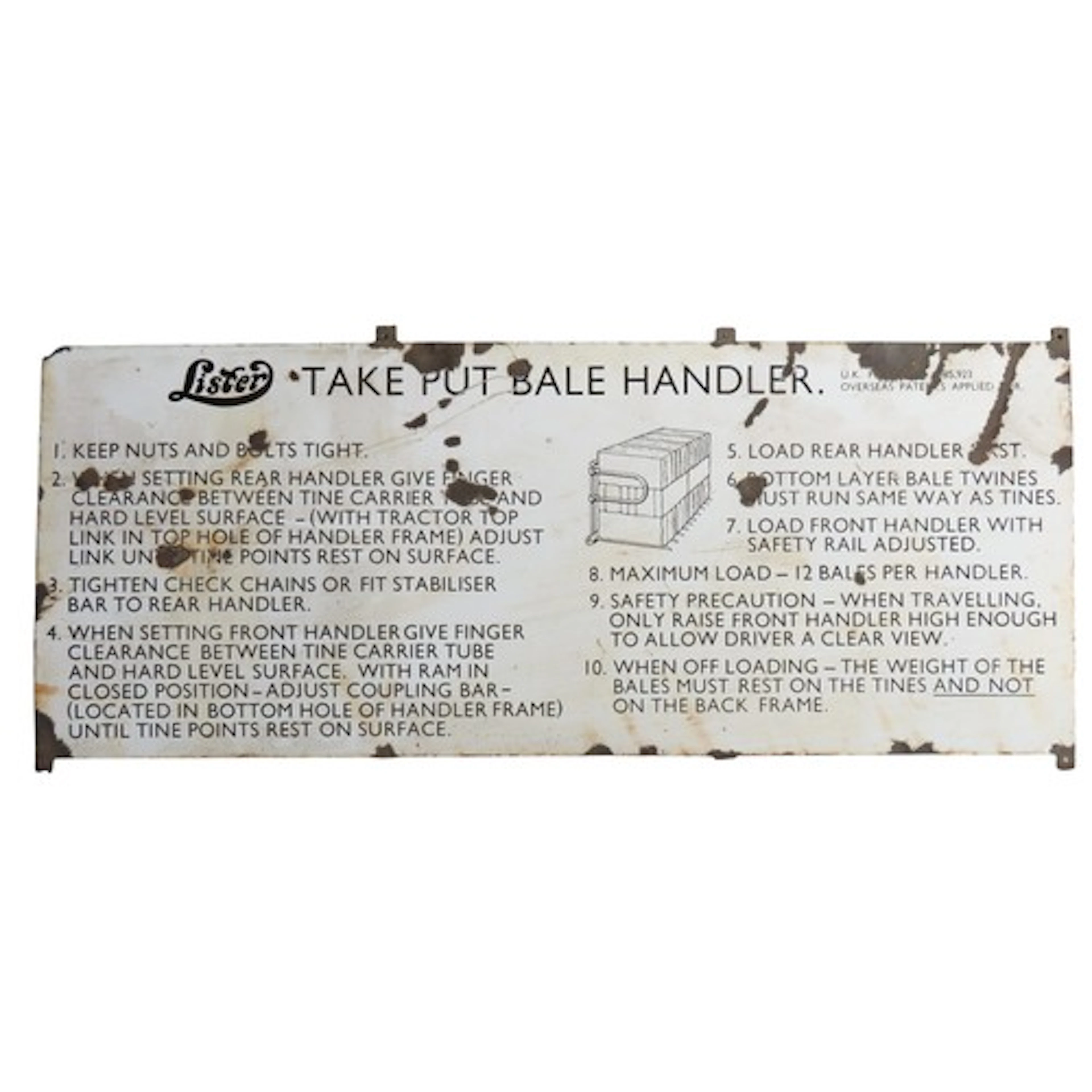 A VINTAGE 'LISTER TAKE PUT BALE HANDLER' ENAMELED INSTRUCTIO...