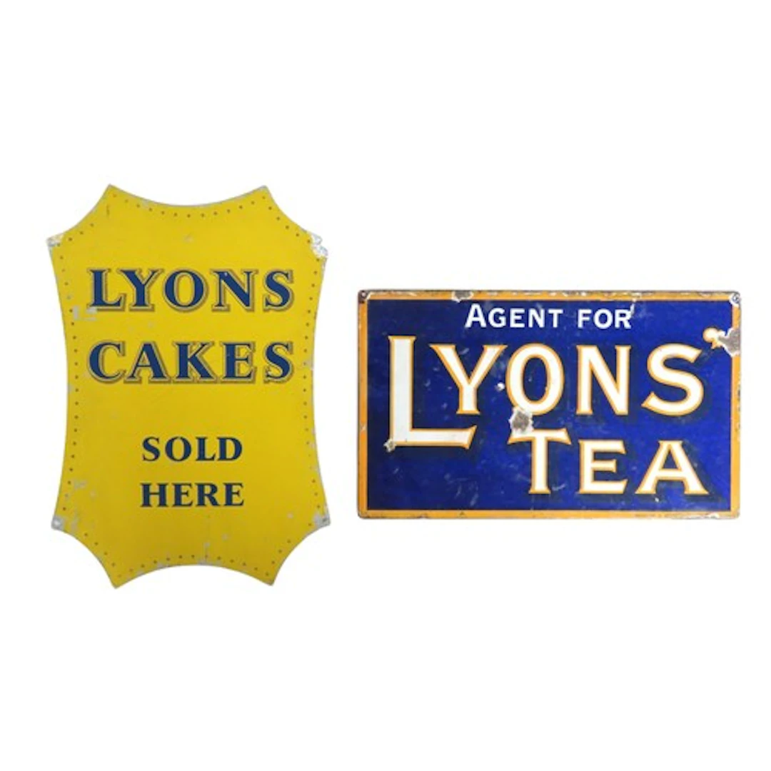 A VINTAGE DOUBLE-SIDED ENAMELED SIGN FOR LYON'S TEA (23 x 38...
