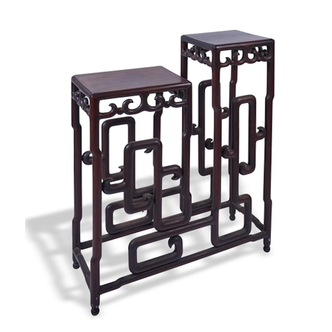 A CHINESE CARVED HONGMU TWO-TIER STAND LATE QING DYNASTY 红木架...