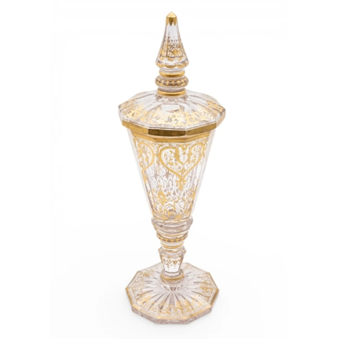A BOHEMIAN GLASS HEXAGONAL CUP AND COVER with overall fancy ...