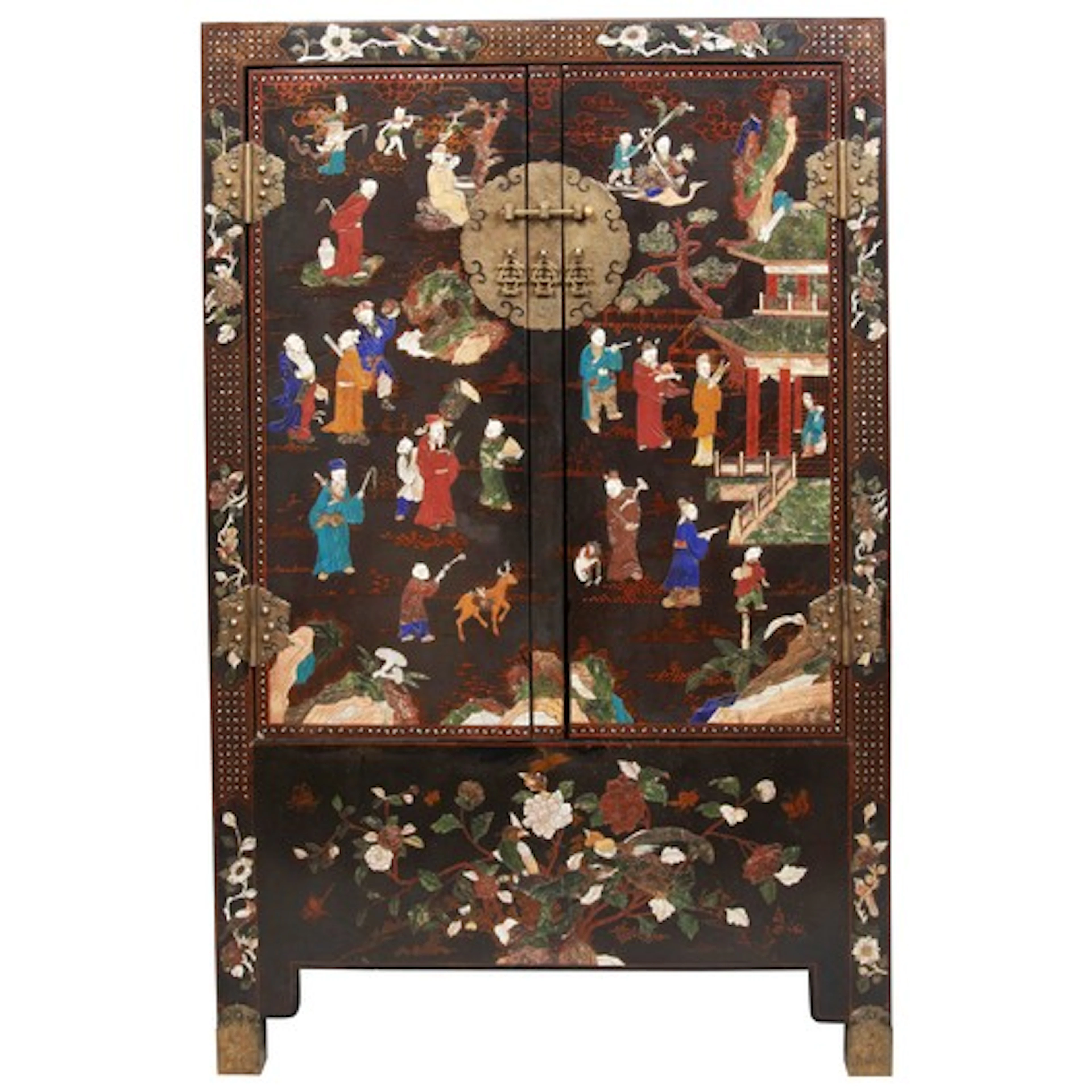 A PAIR OF CHINESE BLACK LACQUER INLAID TWO DOOR CABINETS SE...