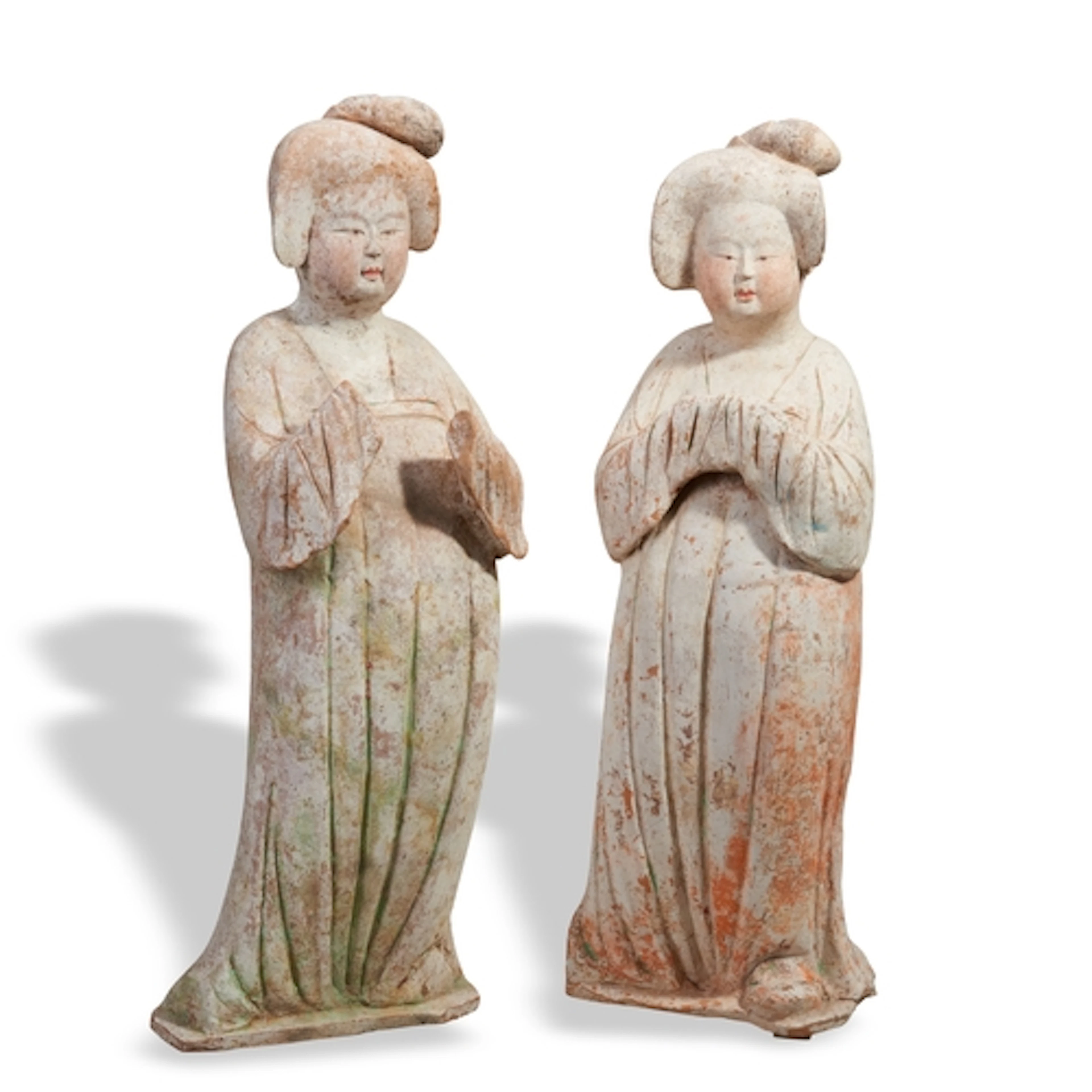 A LARGE PAIR PAINTED POTTERY FIGURES OF COURT LADIES TANG DY...