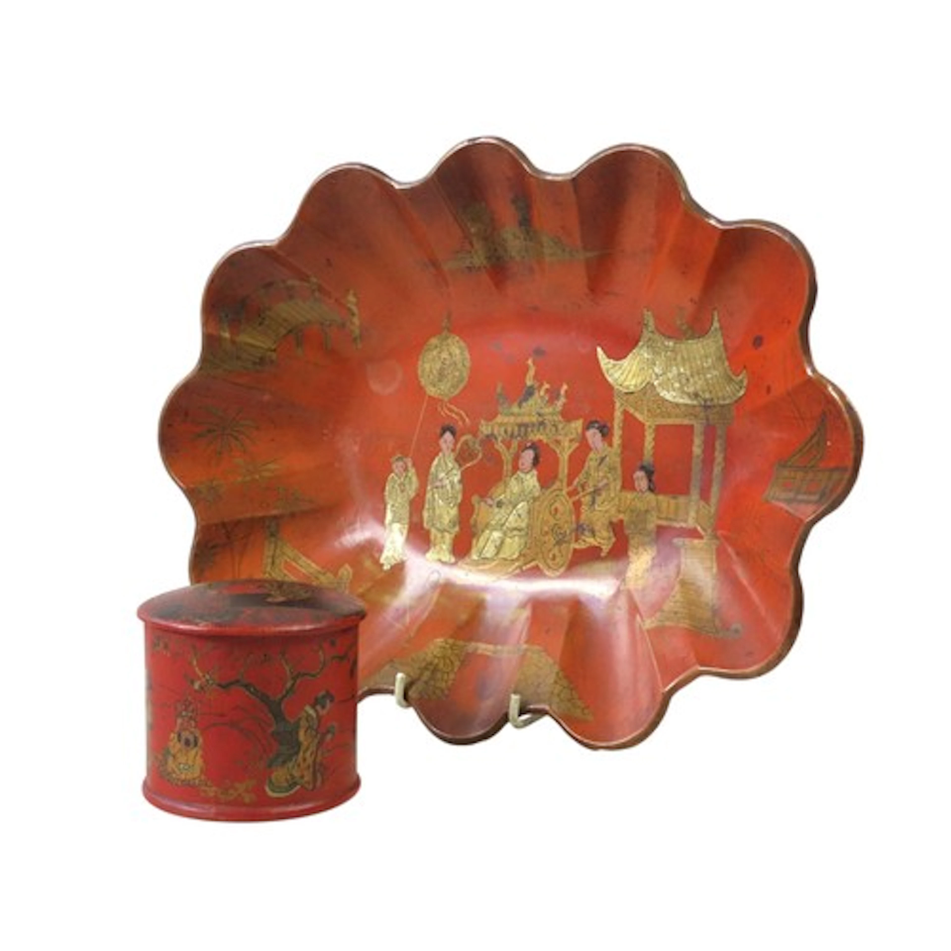 A NAPOLEON III CHINOSERIE TRAY AND COVERED POT the red lacqu...