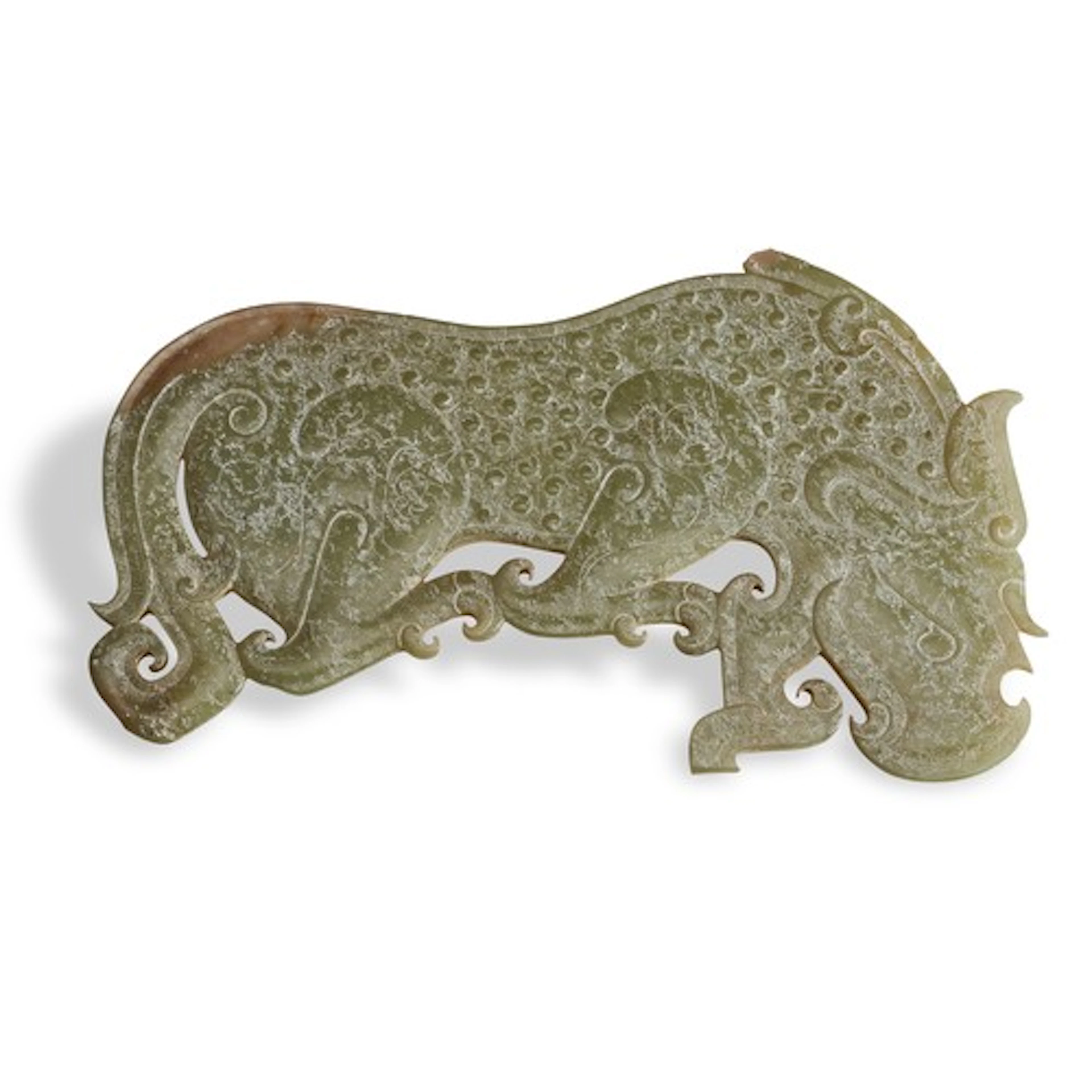 A CELADON AND RUSSET JADE LARGE ARCHAICISTIC TIGER PLAQUE W...
