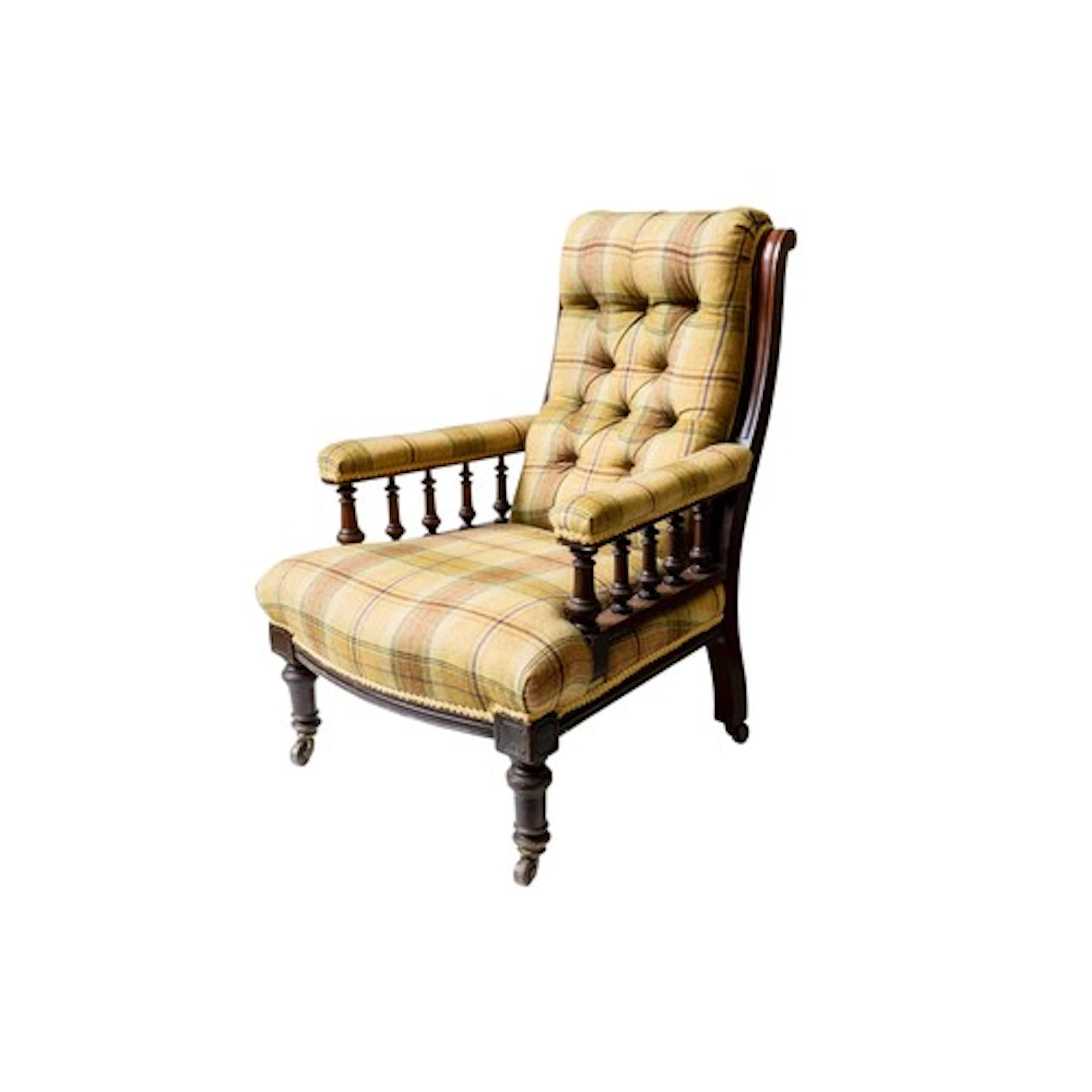 A LATE 19TH CENTURY BUTTONED MAHOGANY ARMCHAIR newly re-upho...