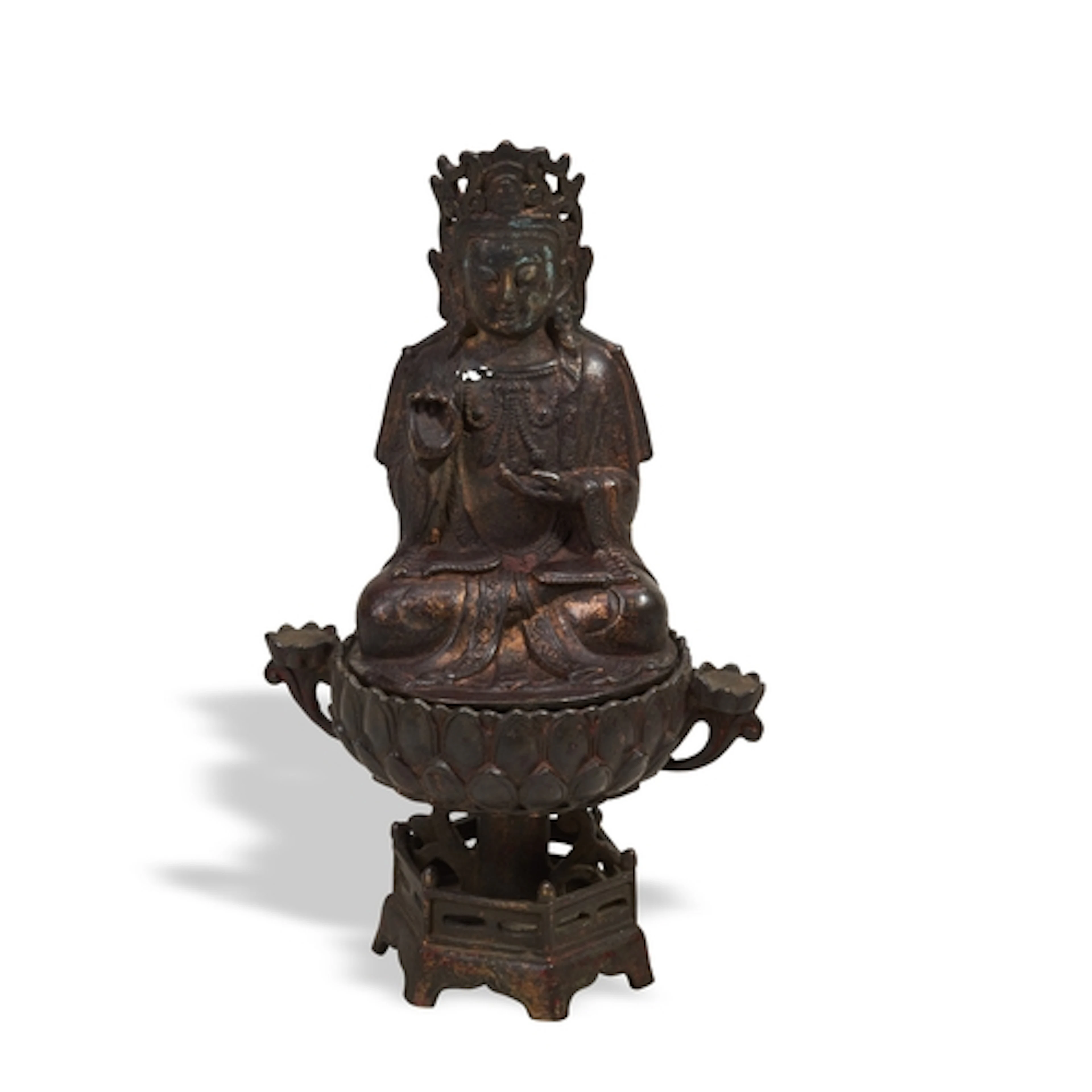 A BRONZE FIGURE OF GUANYIN ON A LOTUS BASE MING DYNASTY (136...