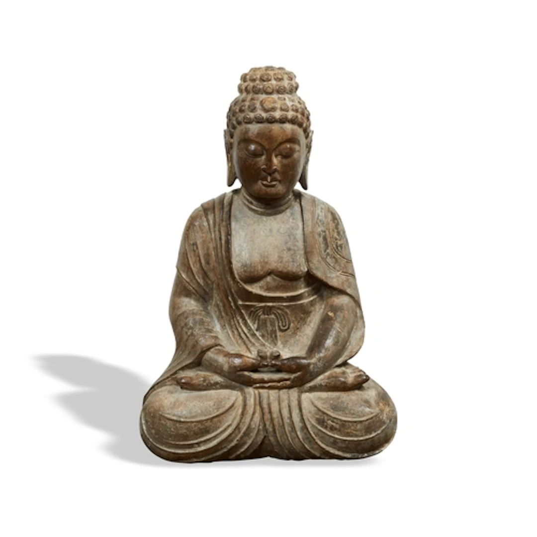 A FINE AND RARE CARVED STONE FIGURE OF BUDDHA POSSIBLY KOREA...