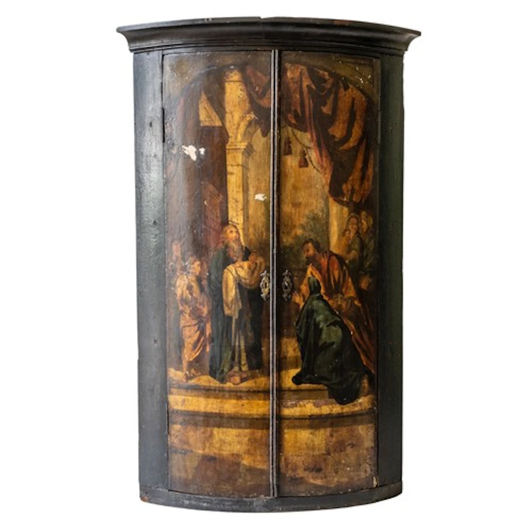 A GEORGE III POLYCHROME BOW FRONT CORNER CUPBOARD CIRCA 1800...