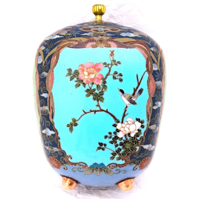 A JAPANESE CLOISONNE KORO AND COVER IN THE MANNER OF HONDA Y...