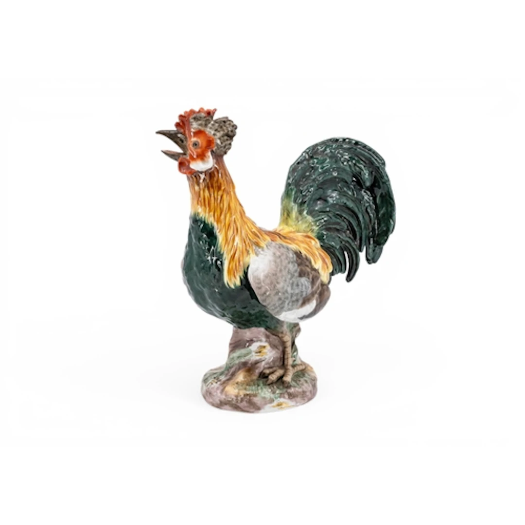 A MEISSEN POLYCHROME PORCELAIN ROOSTER. 25 x 24 cms