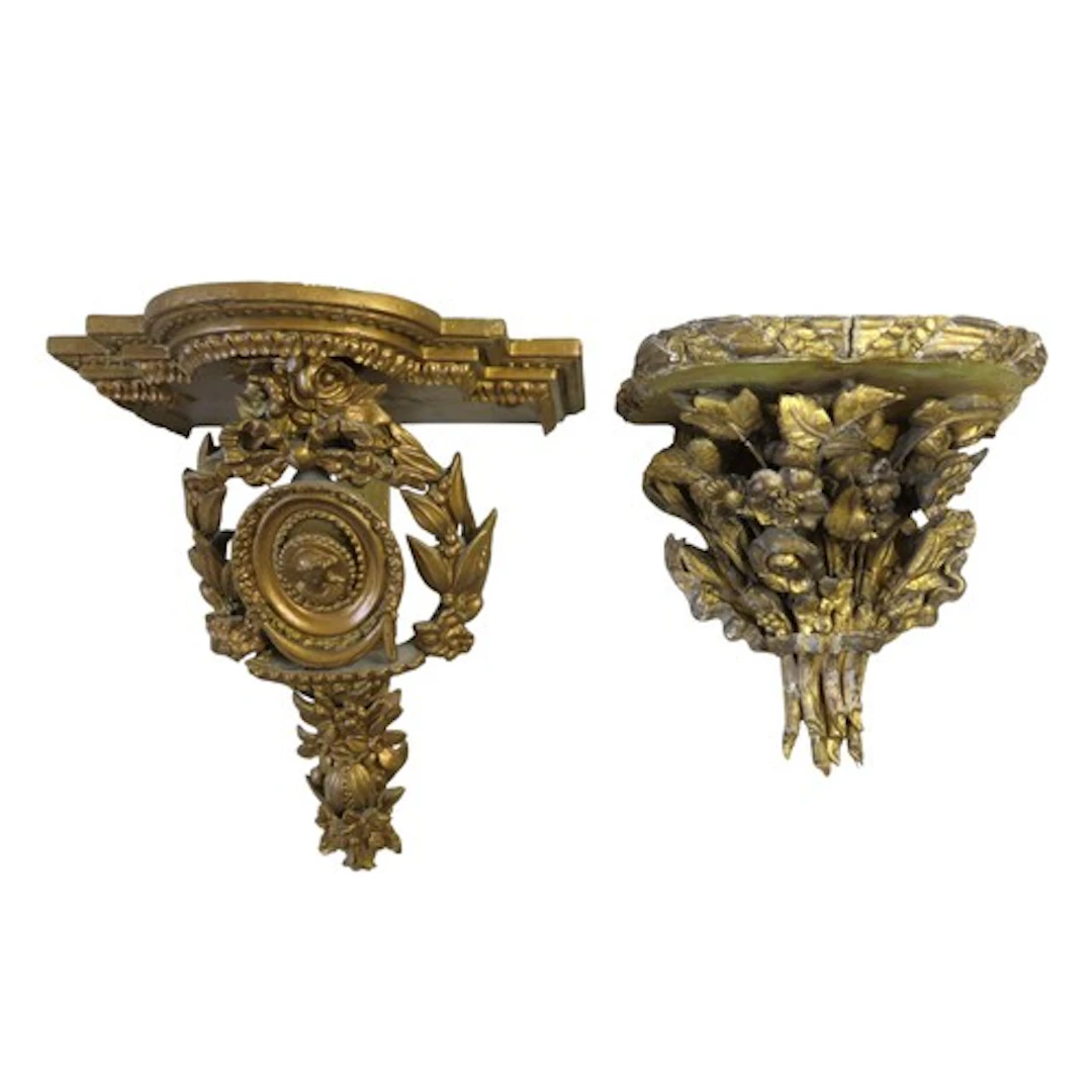 TWO VINTAGE LOUIS XVI-STYLE GILT GESSO WALL BRACKETS one wit...