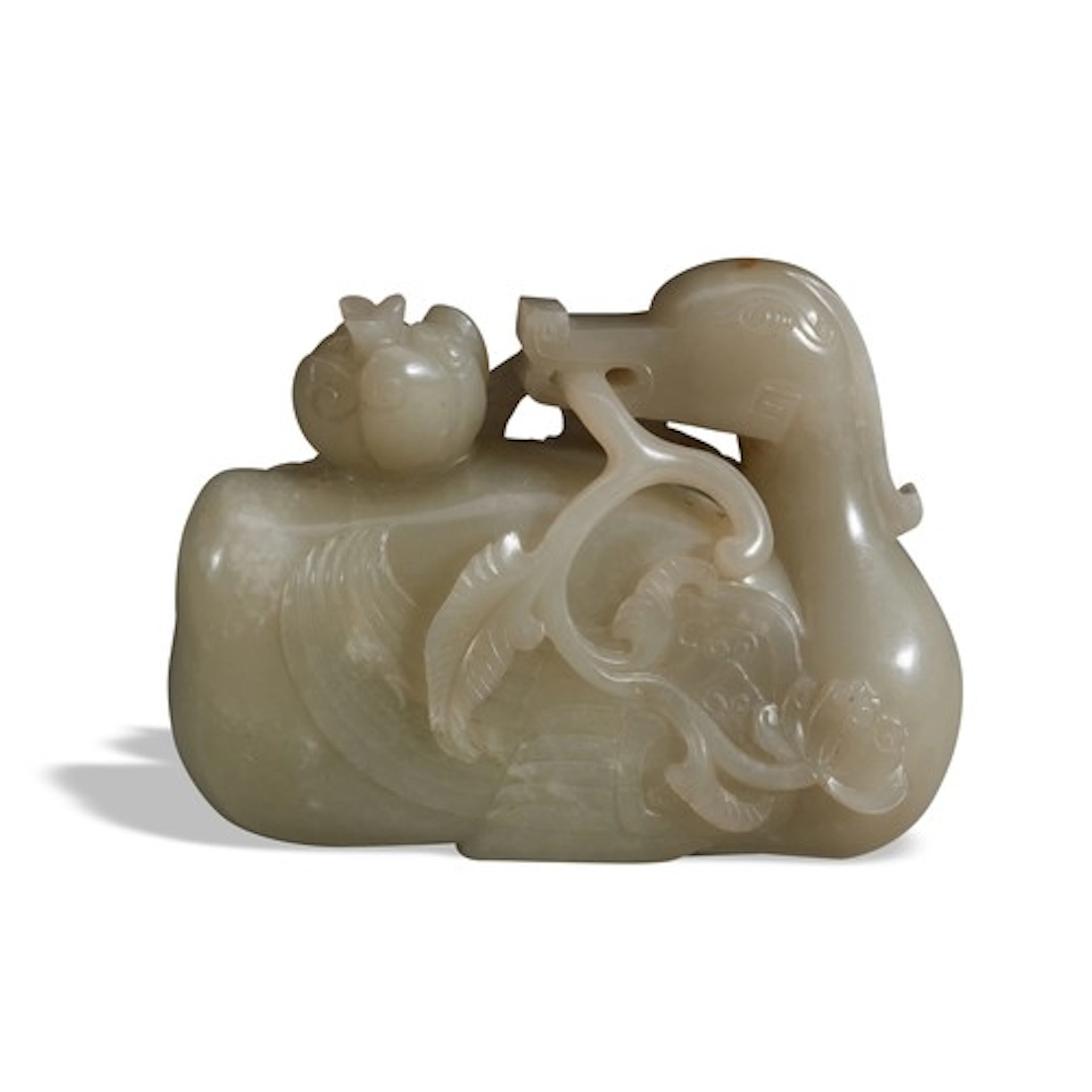 A CELADON JADE OF GOOSE 20TH CENTIRY 青白玉鹤衔灵芝 二十世纪 Carved re...
