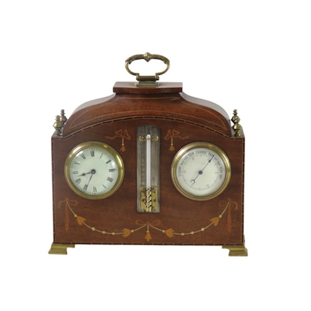 A FRENCH MAHOGANY CASED DESK CLOCK/BAROMETER EARLY 20TH CENT...