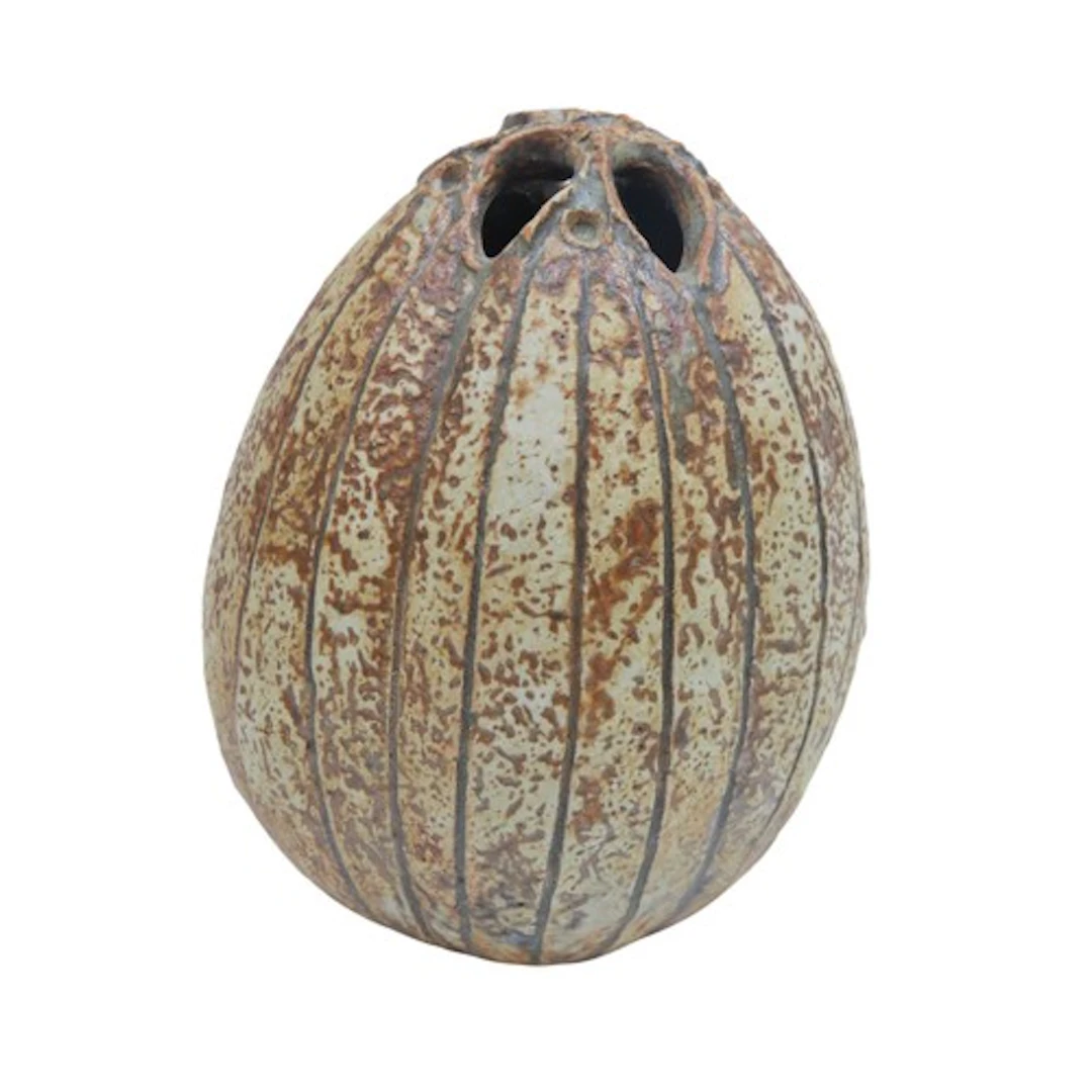 ALAN WALLWORK, STONEWARE SEED POD VESSEL with incised decora...