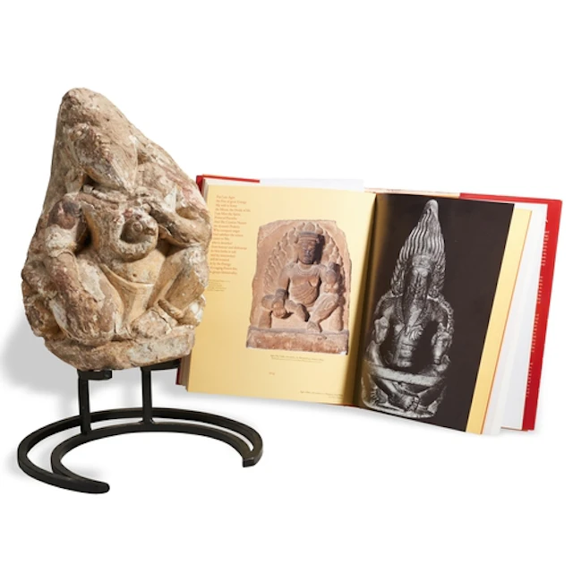 A RARE INDIAN CARVED STONE AND STUCCO FIGURE OF AGNI 12TH - ...