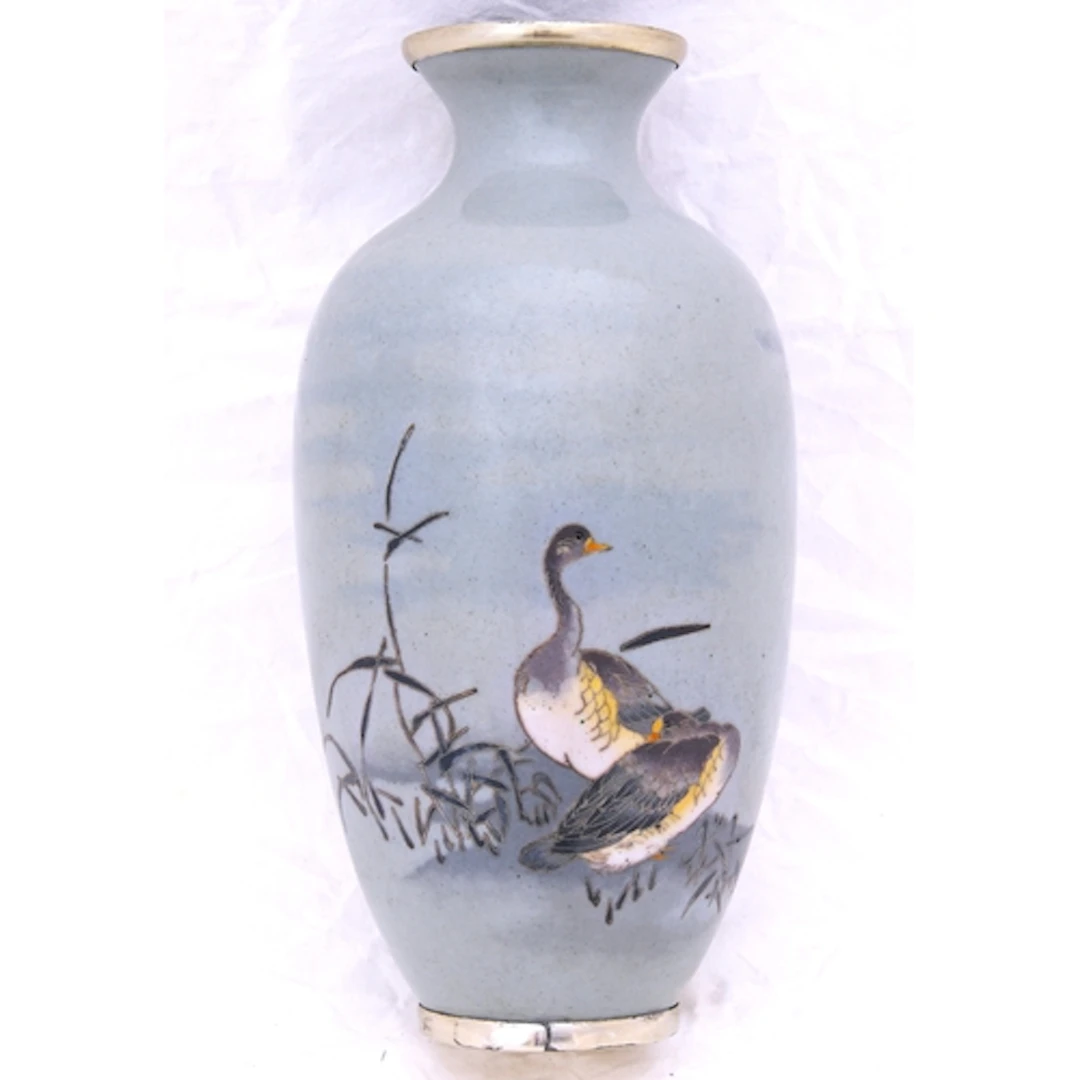 JAPANESE CLOISONNE GEESE WITH GRAY WIRELESS CLOUDS VASE IN ...
