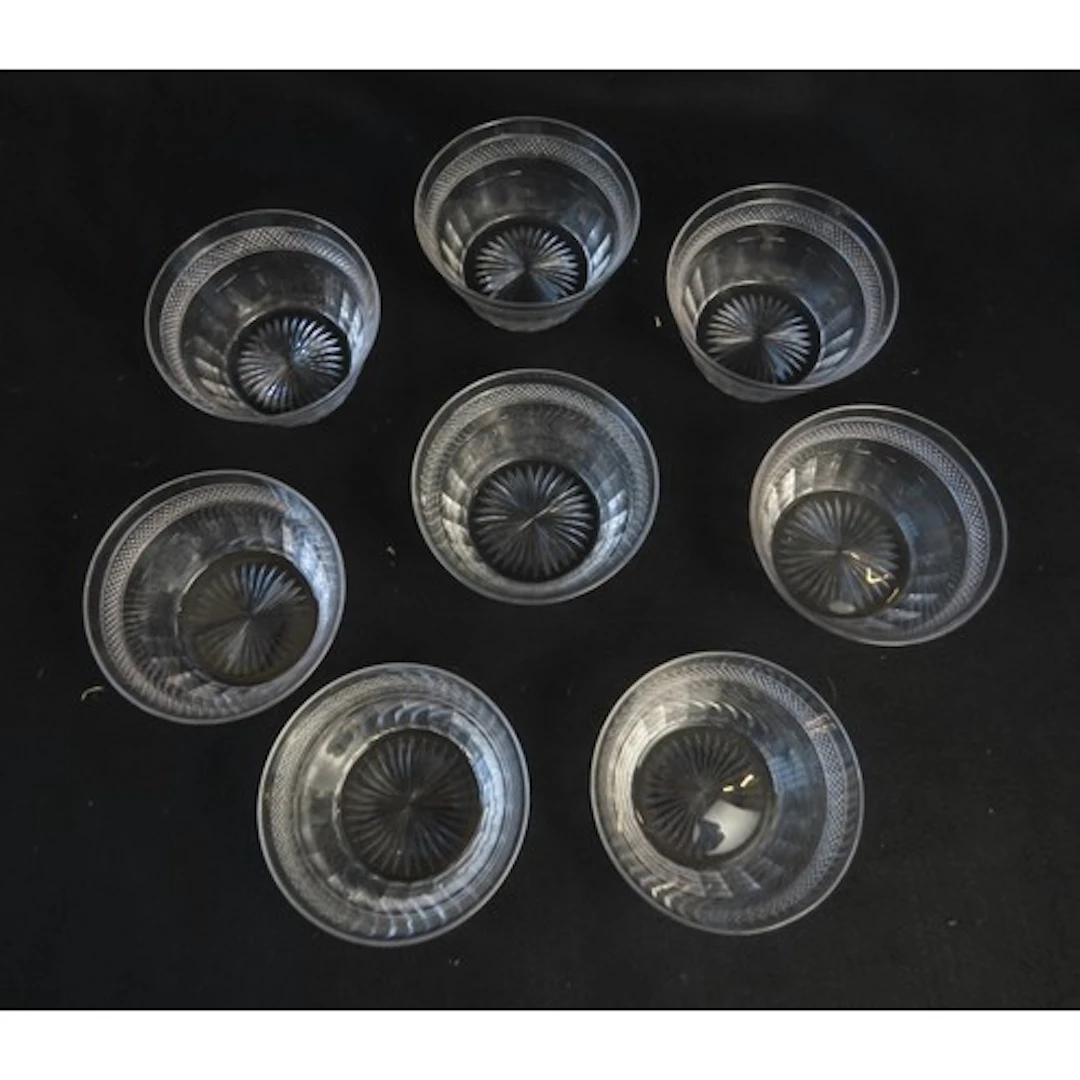 A SET OF EIGHT VINTAGE FRENCH GLASS FINGER BOWLS the sides w...