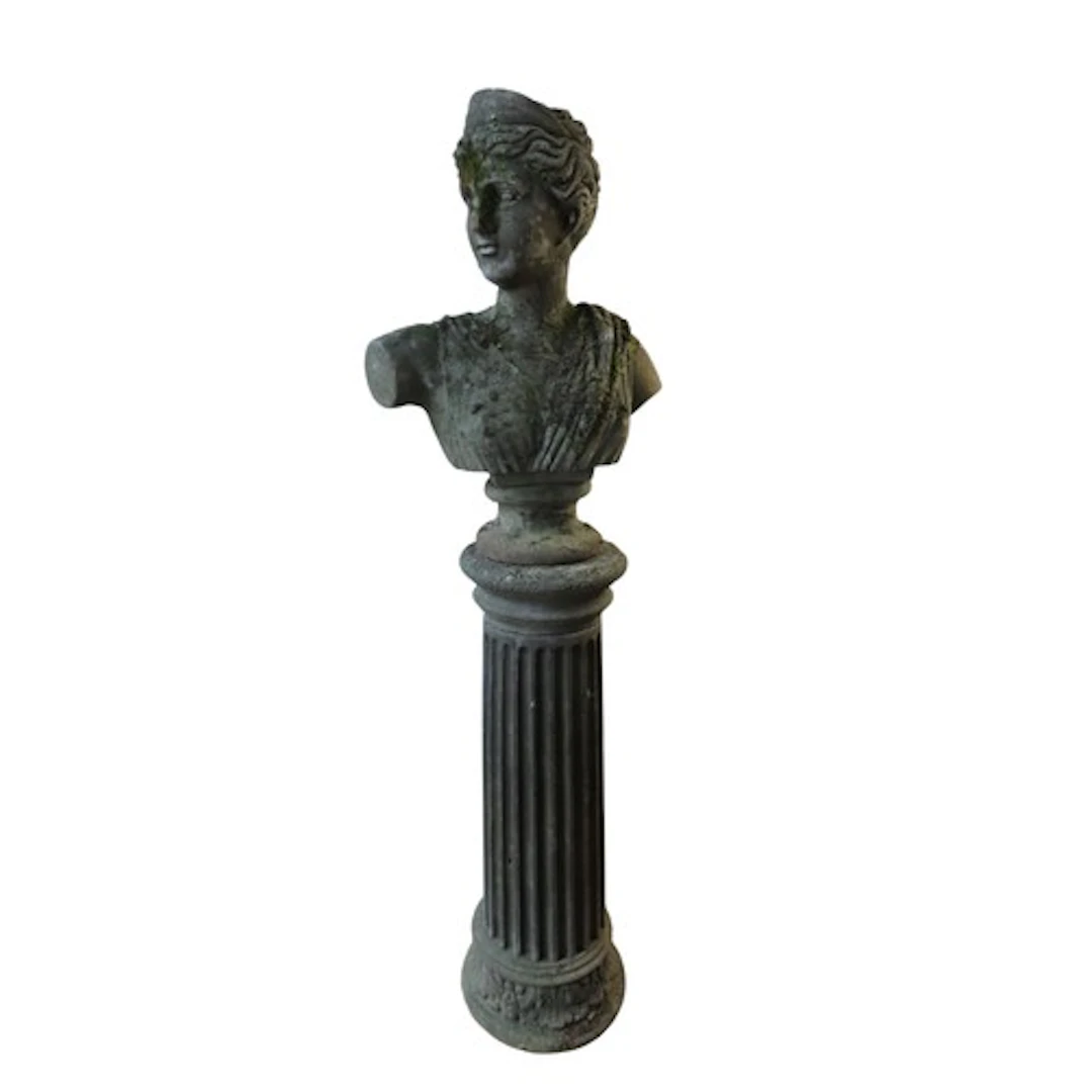 A RECONSTITUTED STONE GARDEN BUST of a Greco-Roman maiden, r...