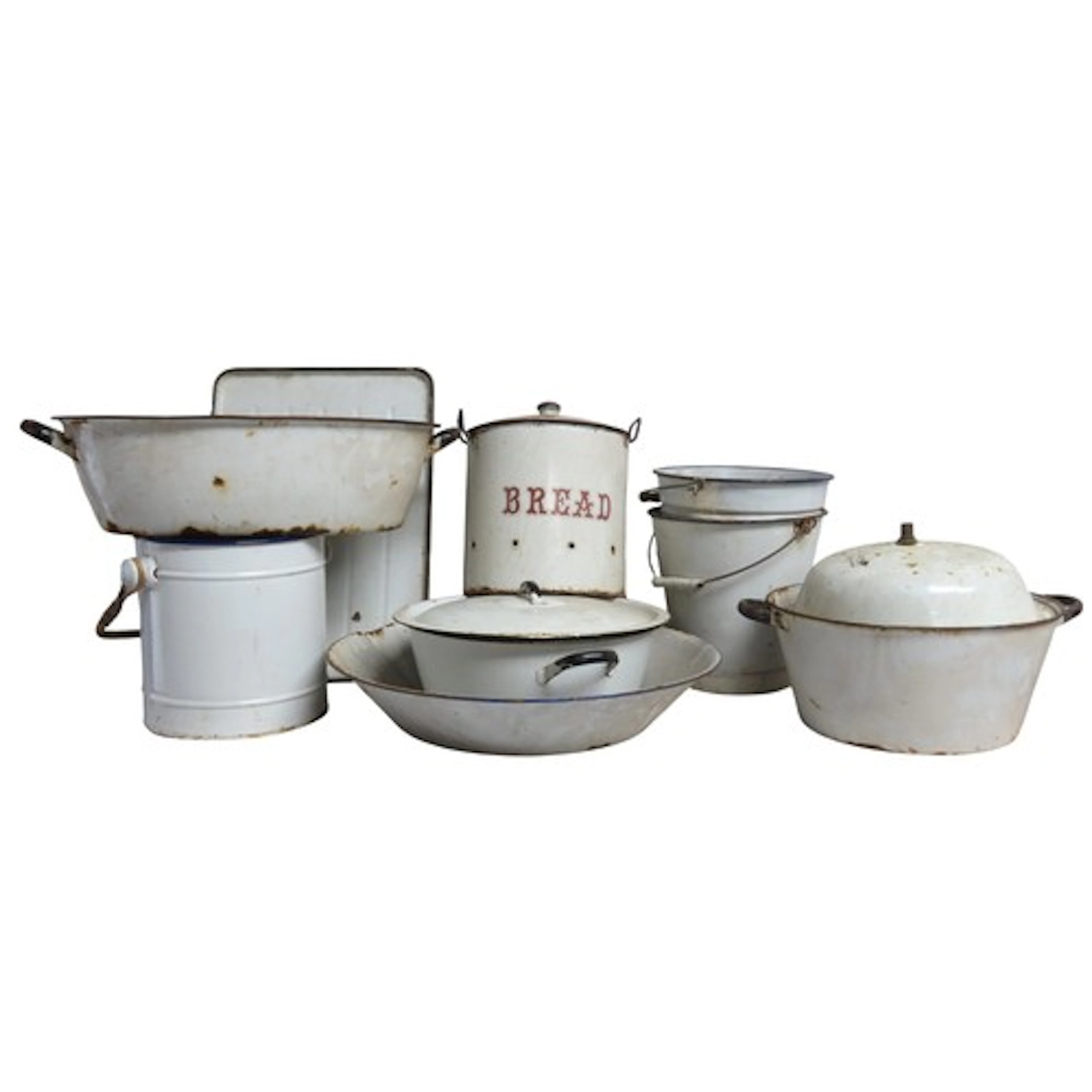 A VINTGE ENAMELED BREAD CROCK, WASH TUBS, PAILS AND DRAINER