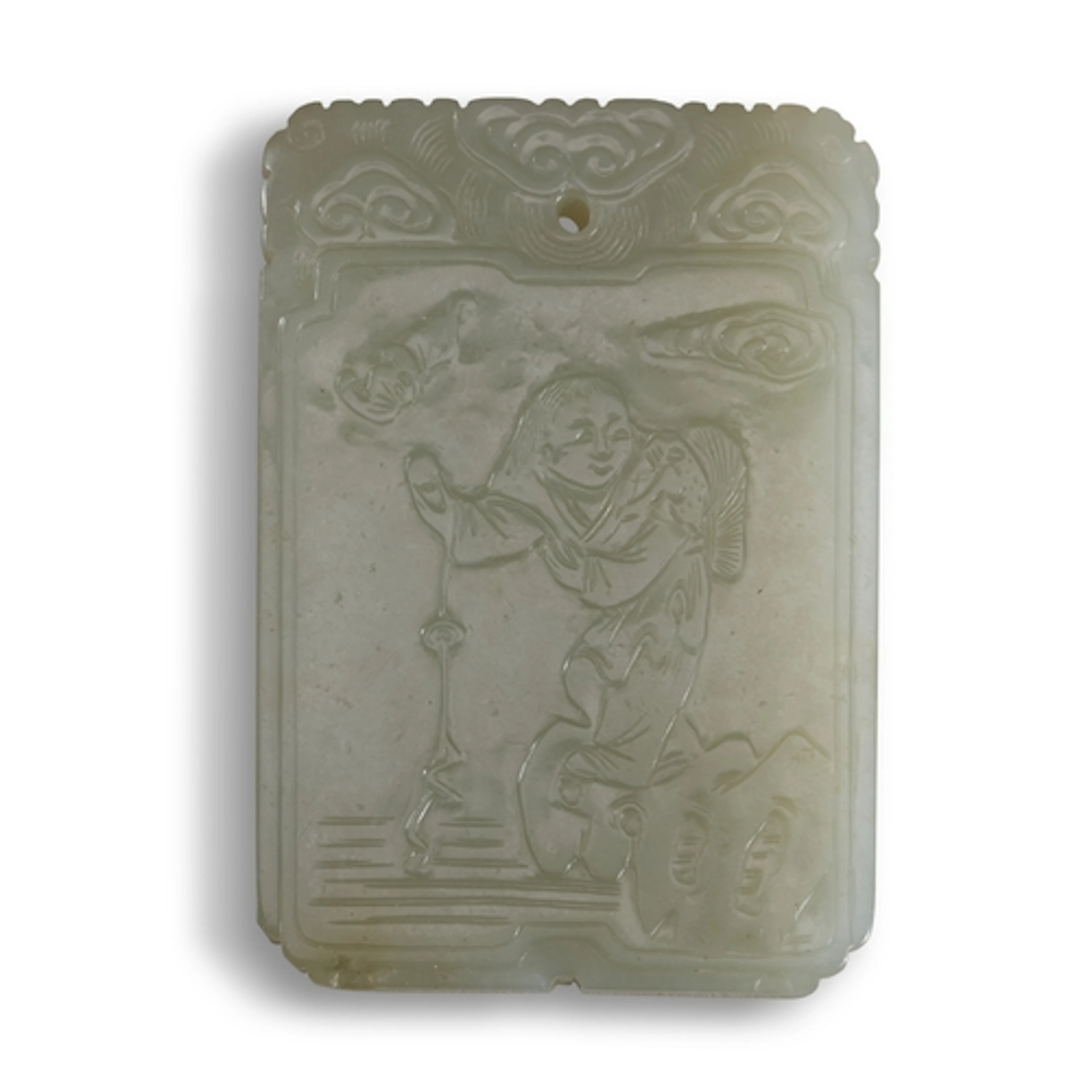 A CELADON JADE PLAQUE CARVED WITH LIU HAI AND THE THREE-LEGG...