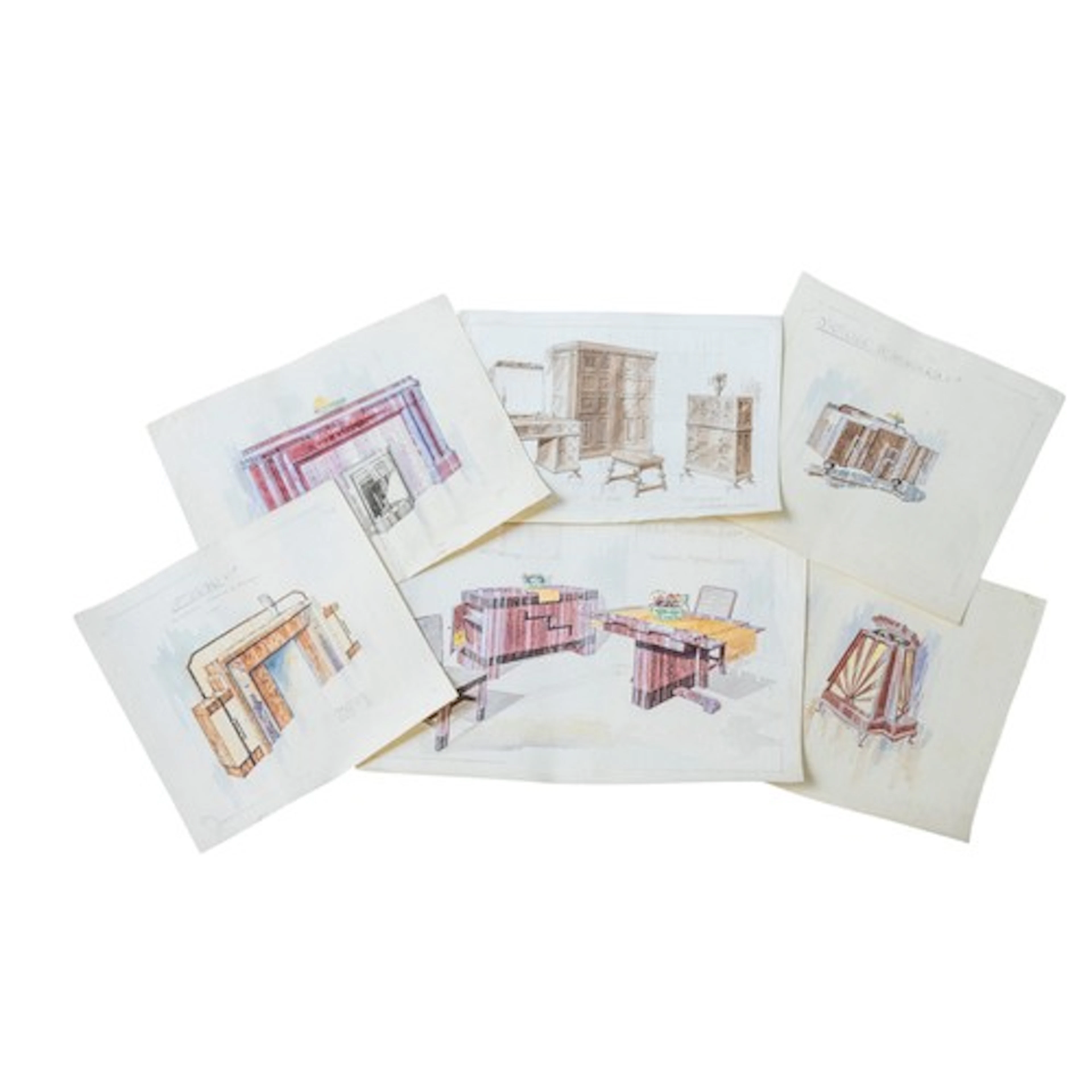A FOLIO OF VINTAGE FURNITURE DESIGN WATER COLOUR SKETCHES CI...