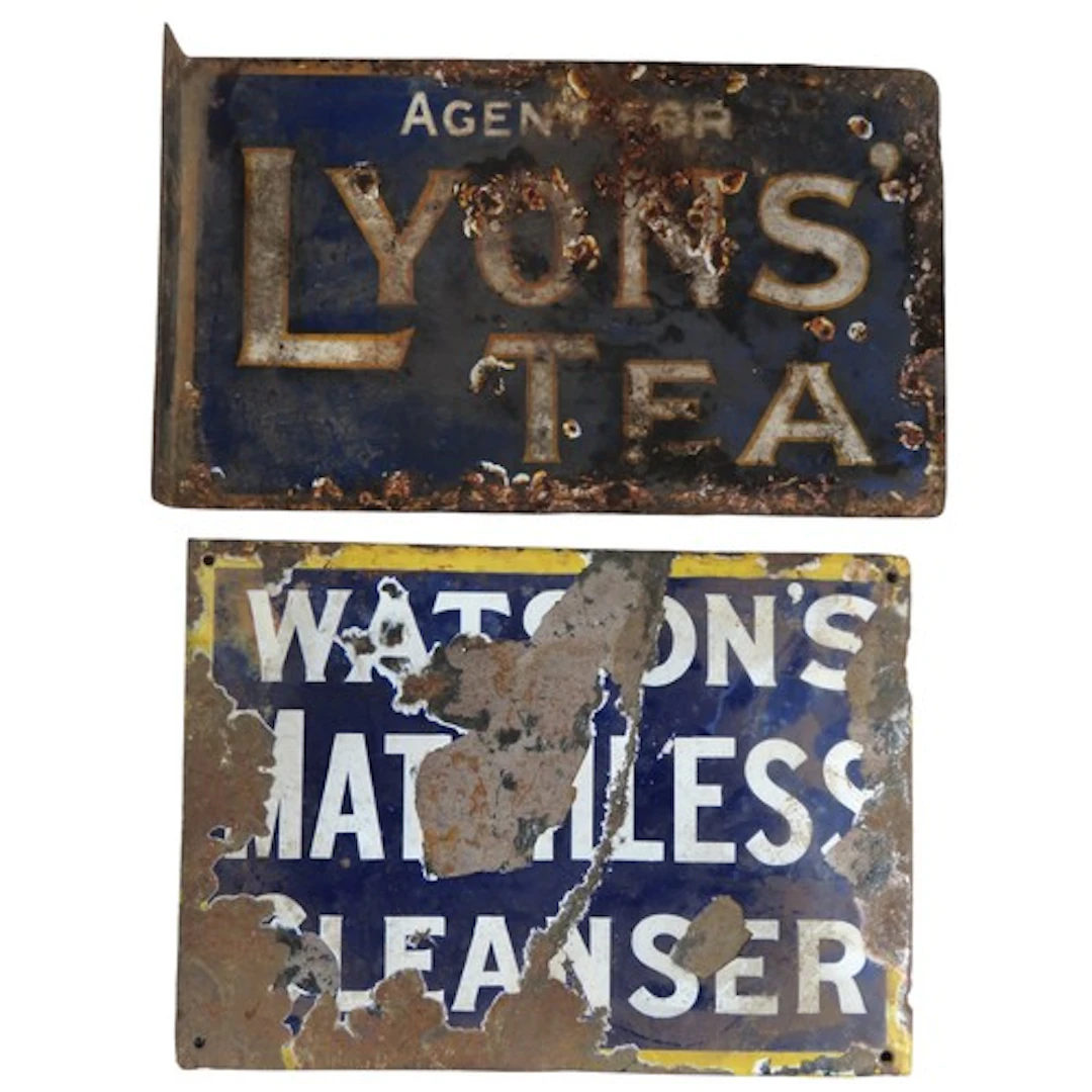 A LYON'S TEA DOUBLE SIDED ENAMELED SIGN in worn condition (2...