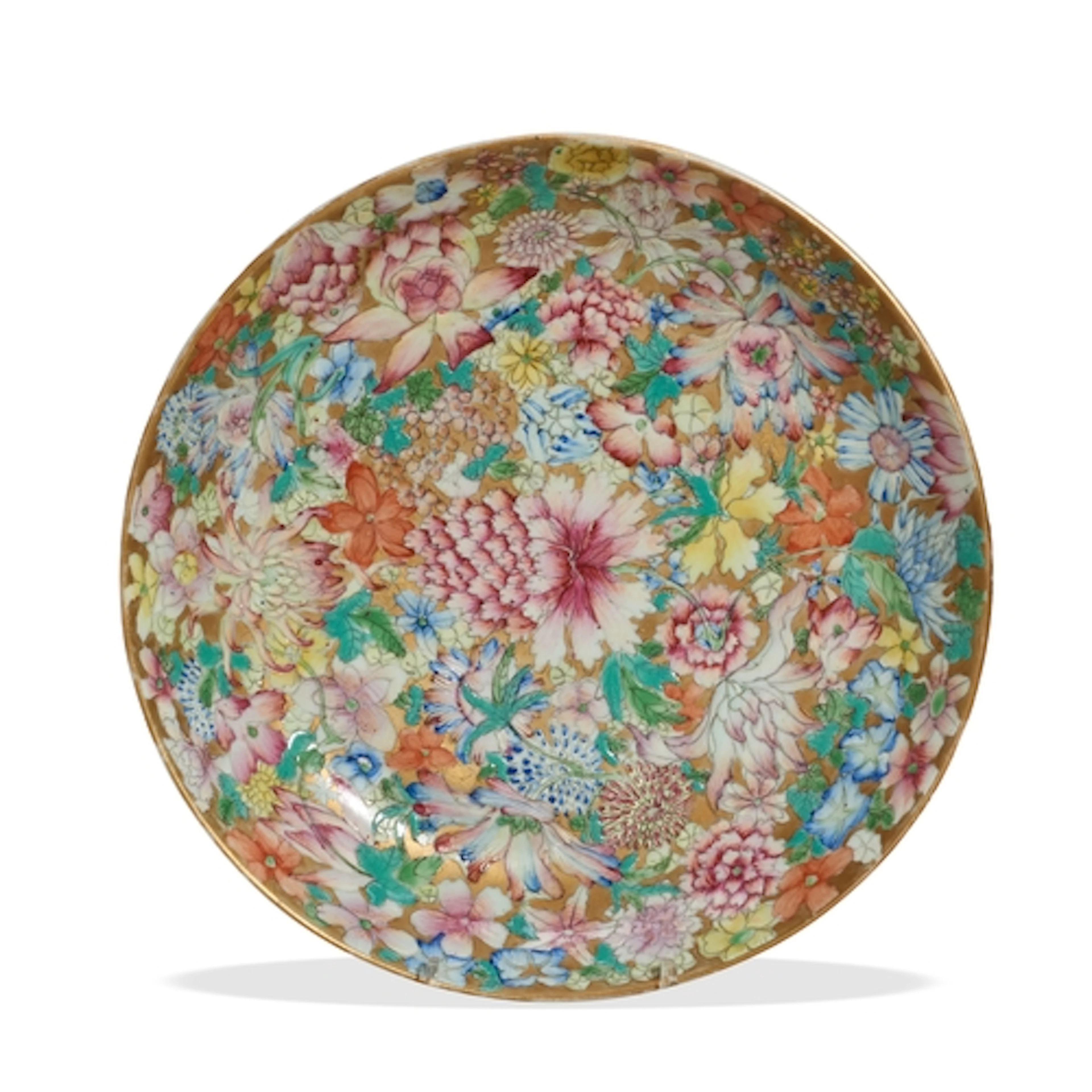 A GOLD-GROUND 'MILLE-FLEURS' DISH 19TH / 20TH CENTURY 粉彩百花盘...