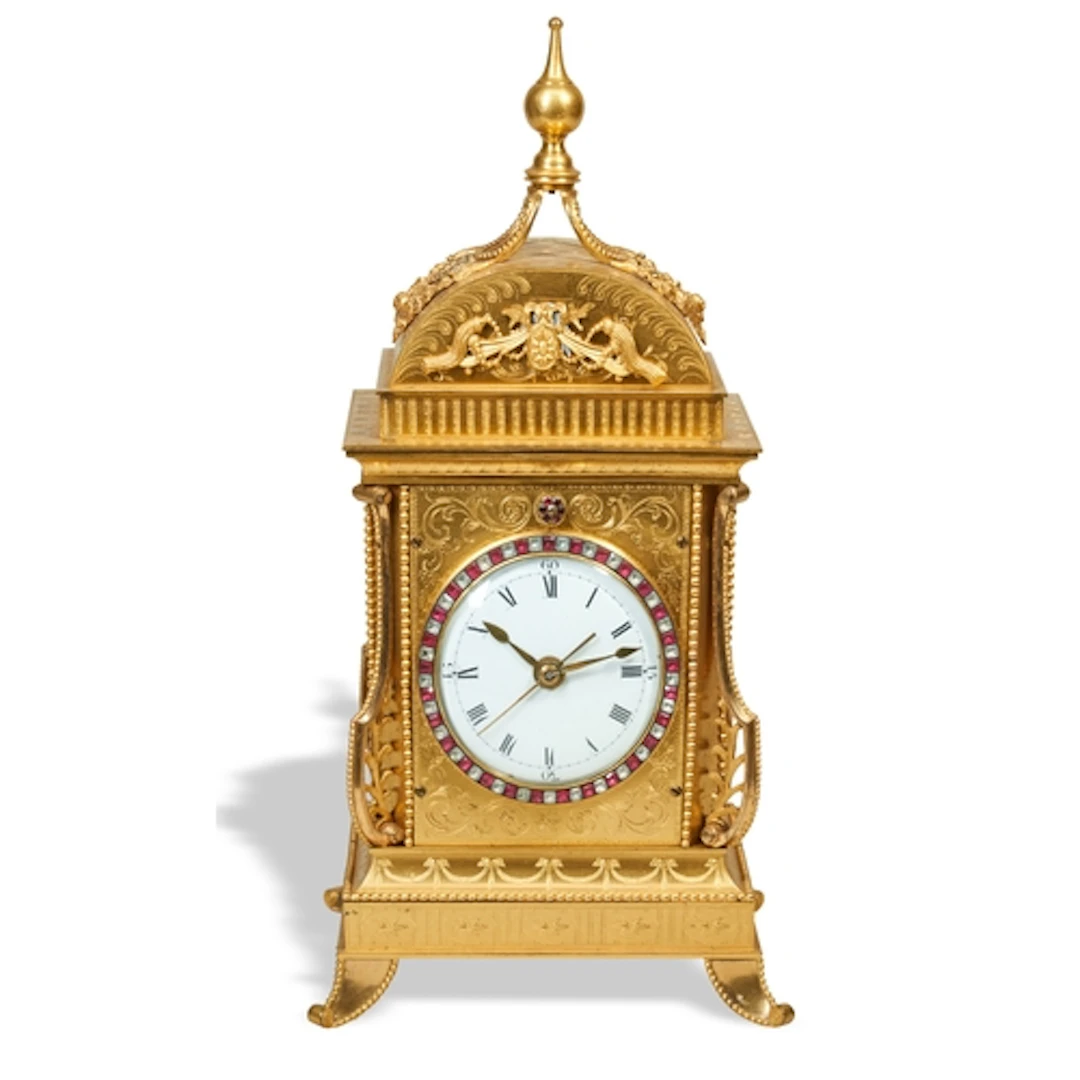 A RARE CHINESE ORMOLU AND PASTE SET STRIKING VERGE MANTEL CL...