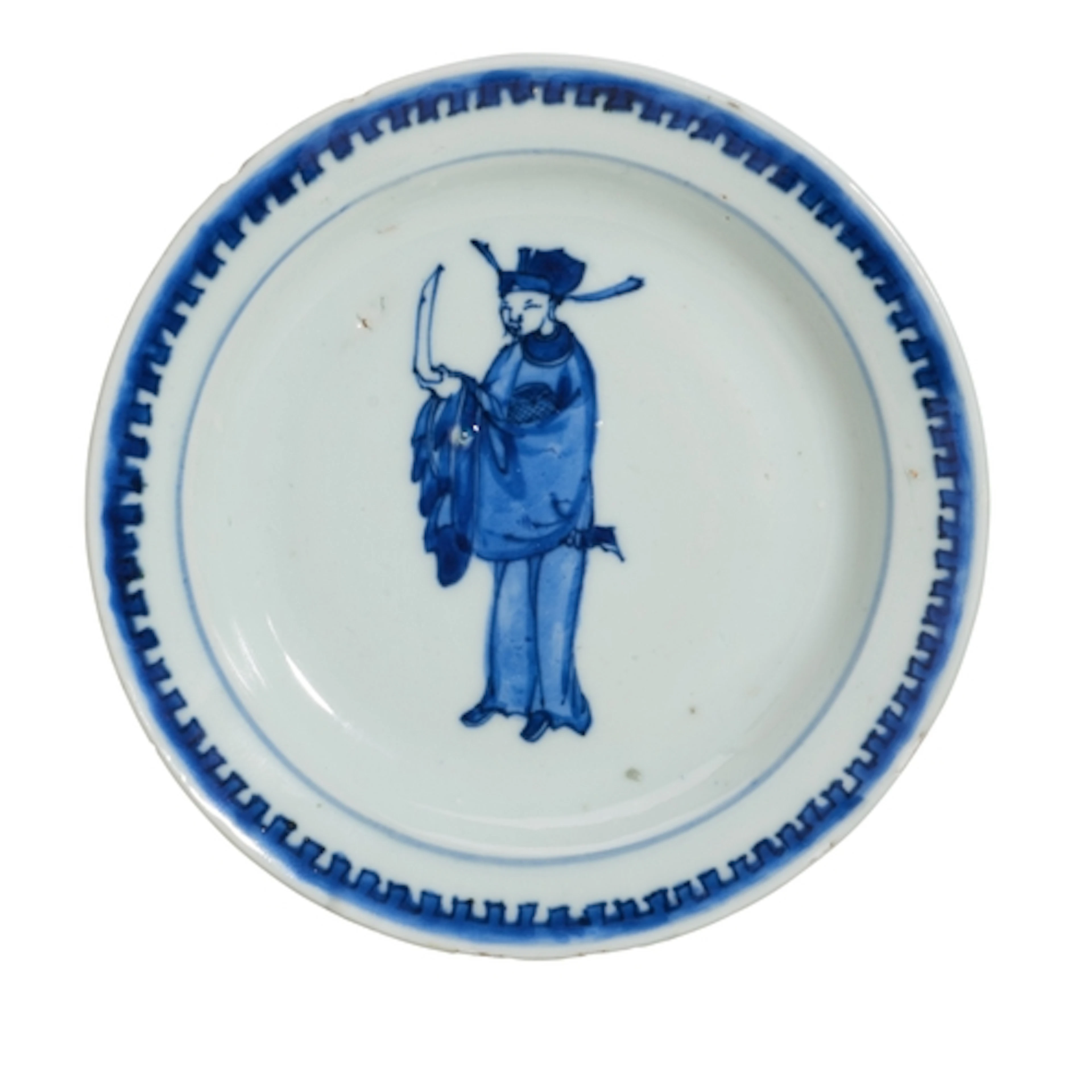 A RARE BLUE AND WHITE KOSOMETSUKE FIGURAL SAUCER DISH TIANQI...
