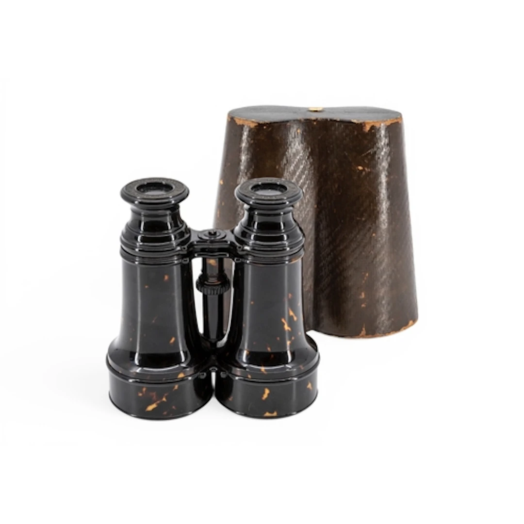 TORTOISE SHELL VENEERED OPERA GLASSES in silk-lined leather ...