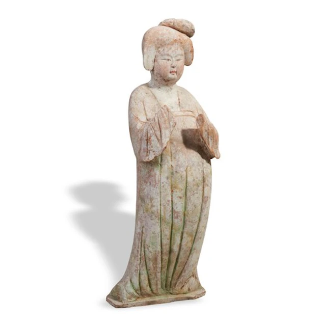 A LARGE PAINTED POTTERY FIGURE OF A COURT LADY TANG DYNASTY ...
