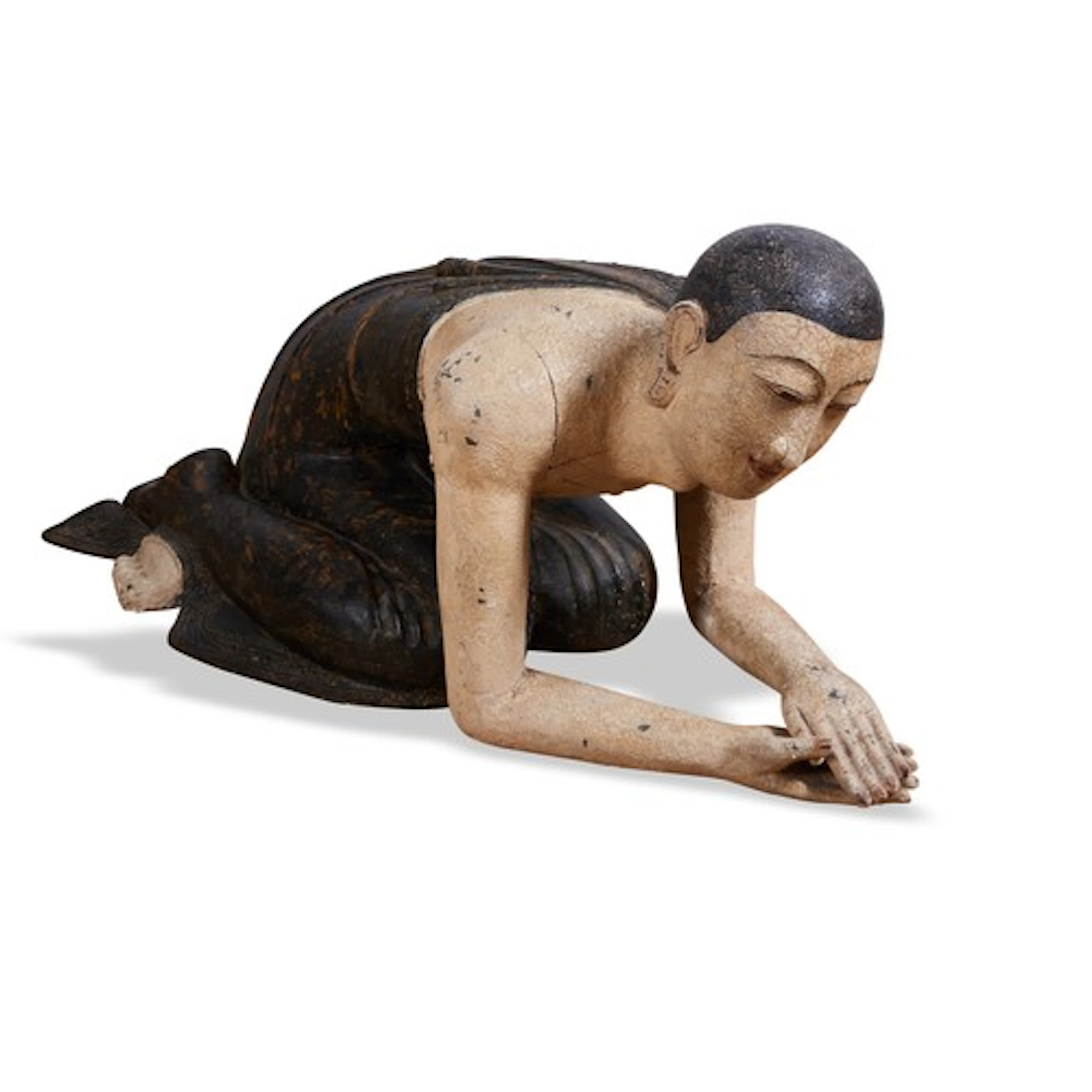 A LARGE BURMESE PAINTED WOOD FIGURE OF A KNEELING MONK 20TH ...