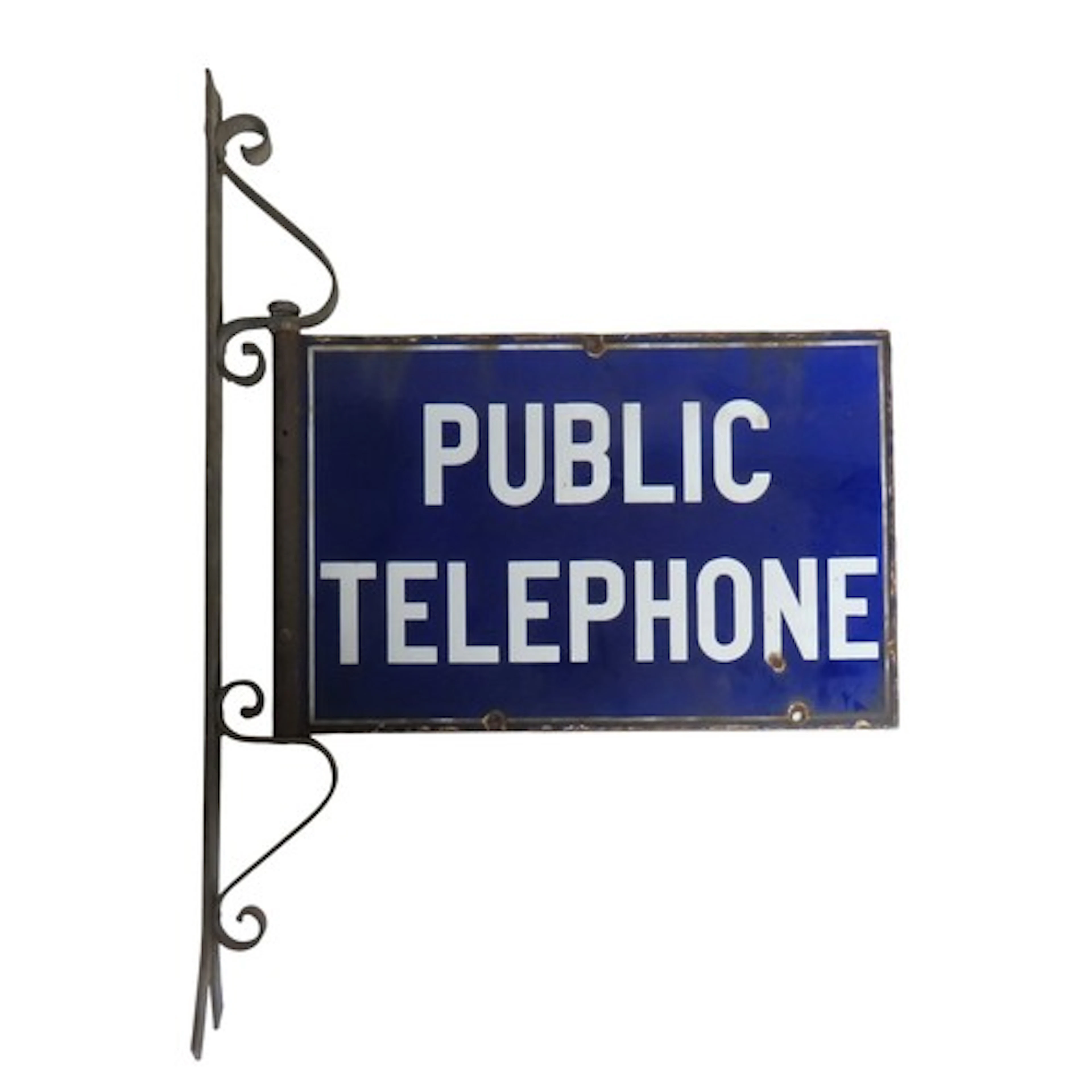 A VINTAGE ENAMELED PROJECTING DOUBLE-SIDED 'PUBLIC TELEPHONE...