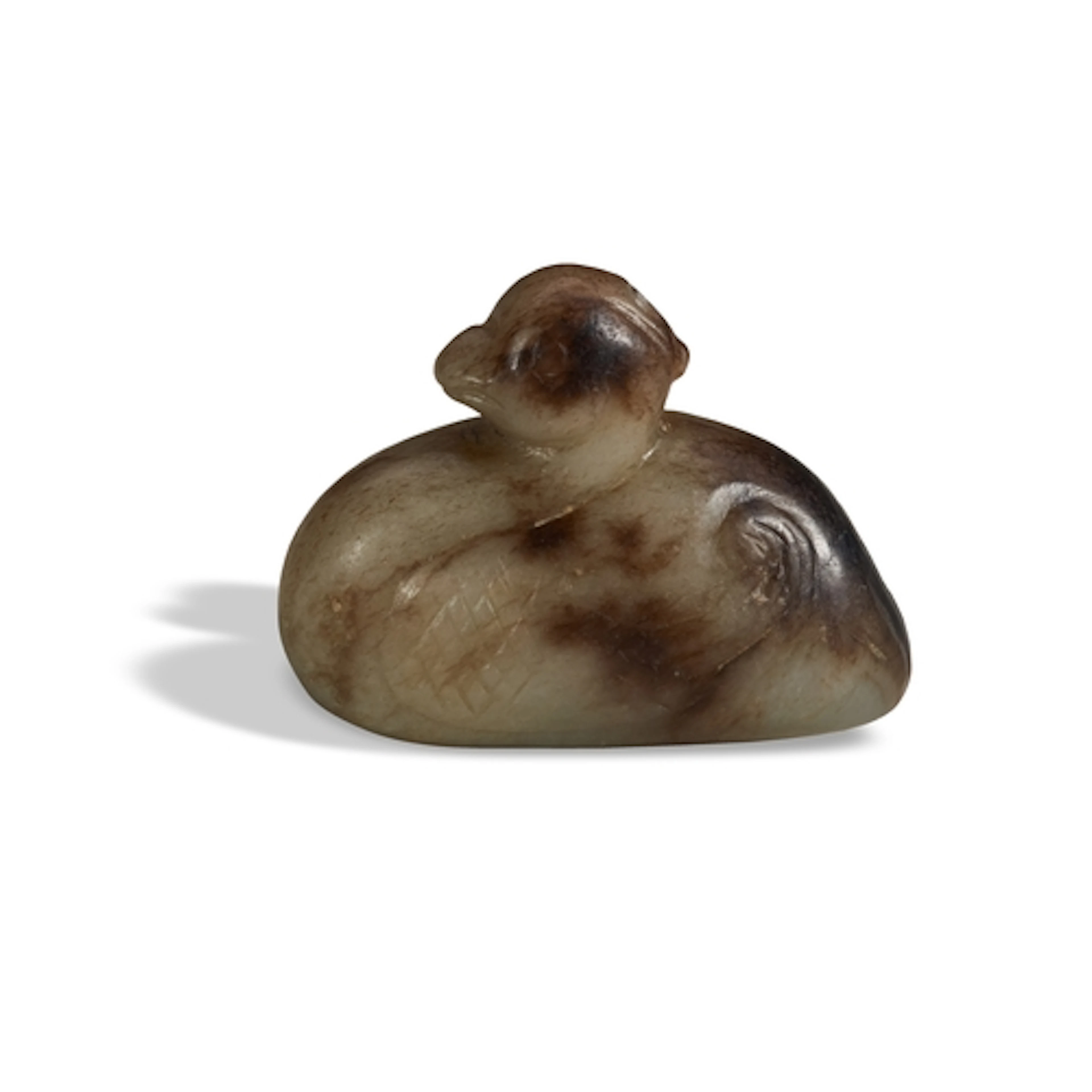 A GREY AND BLACK JADE DUCK MING DYNASTY (1368-1644) 青褐玉鸭 明 w...