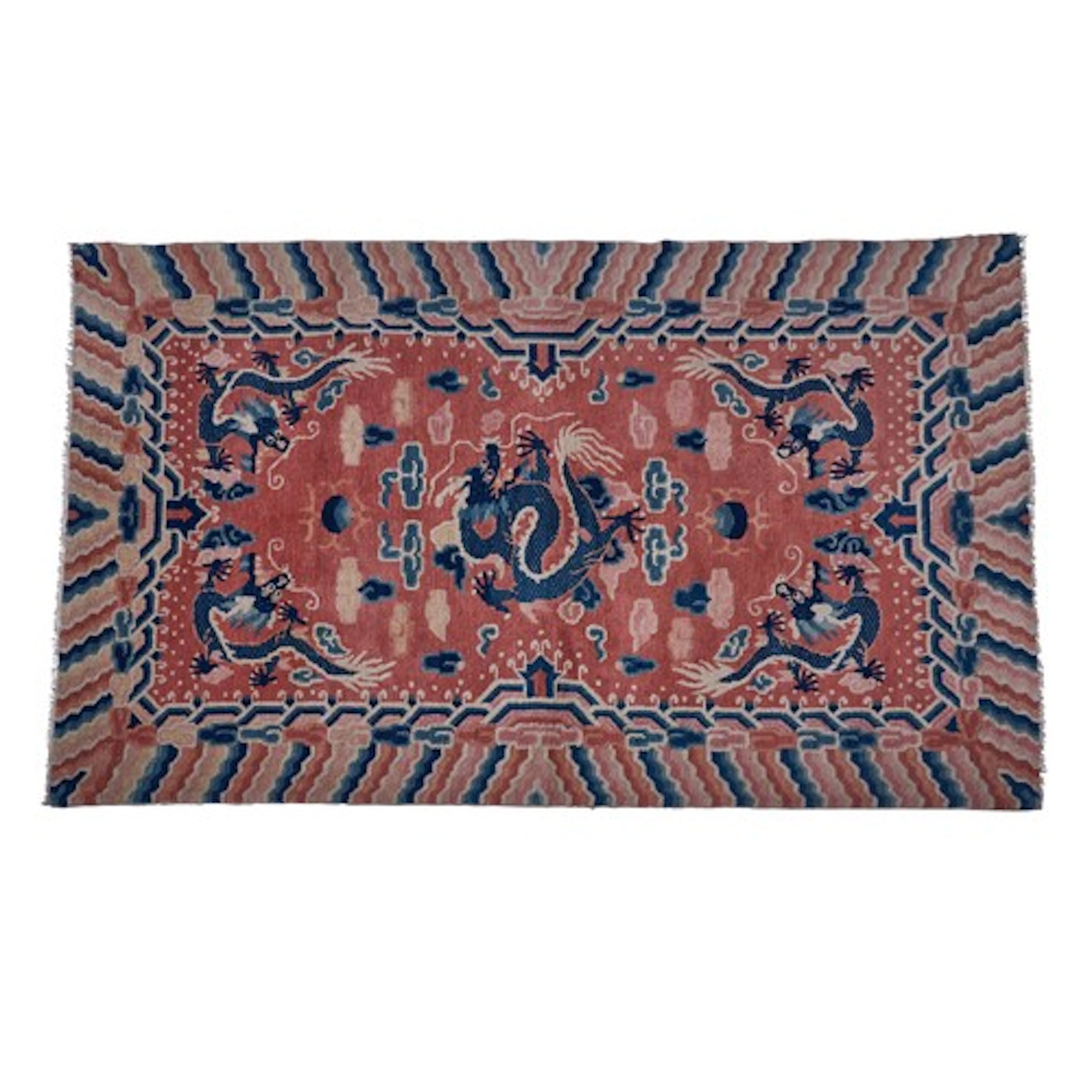 A GOOD, PROBABLY IMPERIAL, CHINESE PINK-GROUND DRAGON CARPET...