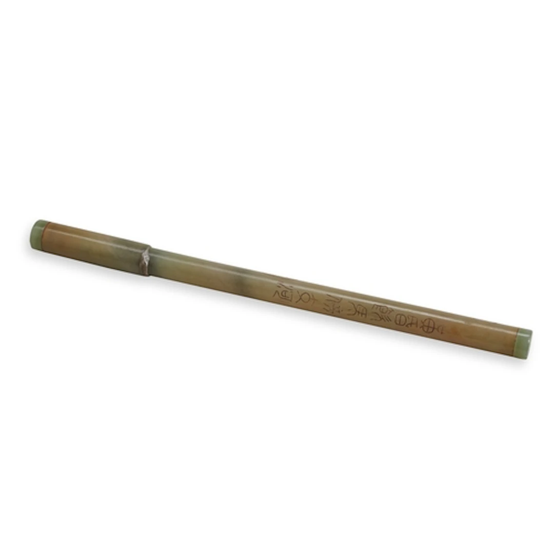 A CELADON JADE BRUSH WITH SEAL-SCRIPT INSCRIPTION, 20TH CENT...