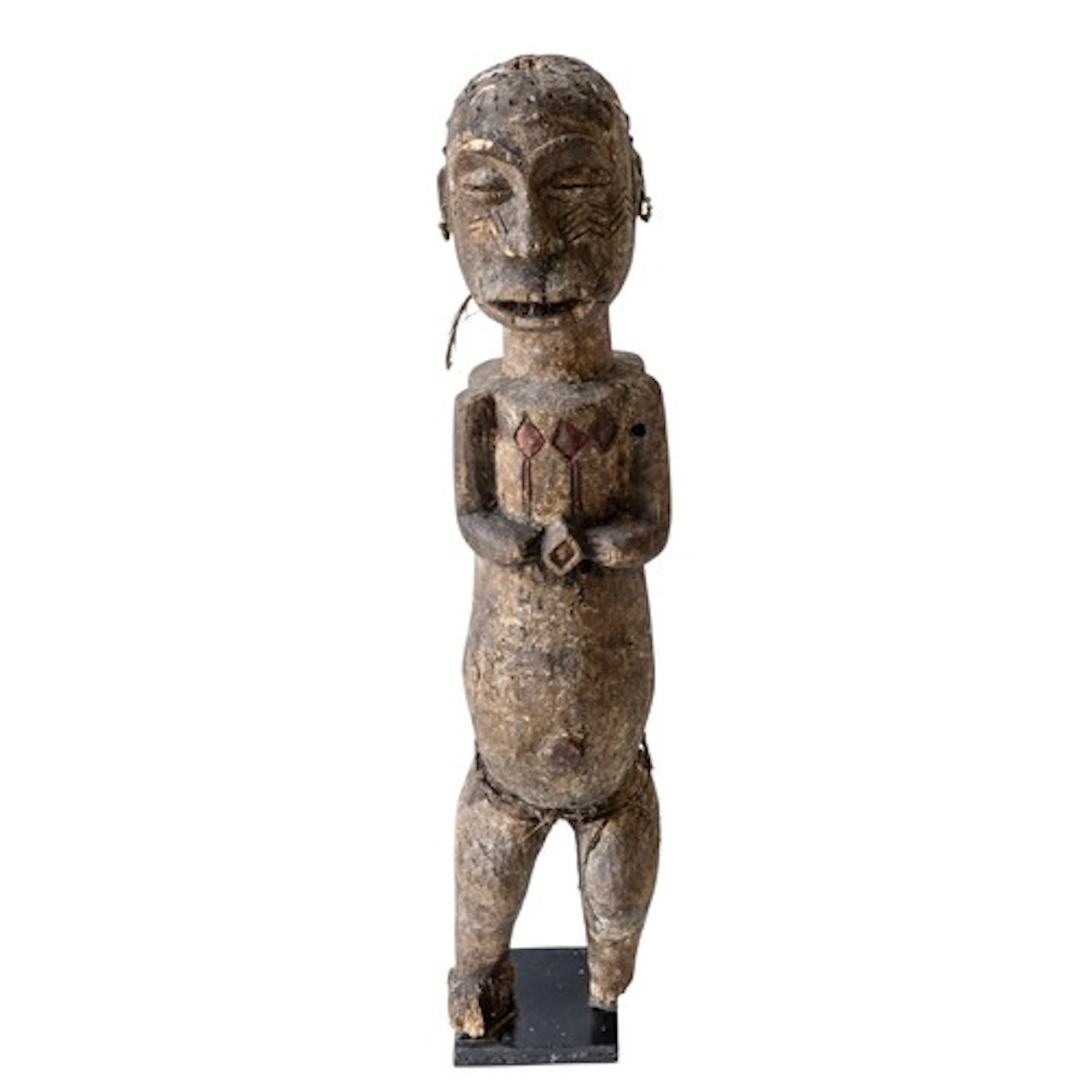 A WEST AFRICAN CARVED WOODEN RELIQUARY/FETISH FIGURE, possib...