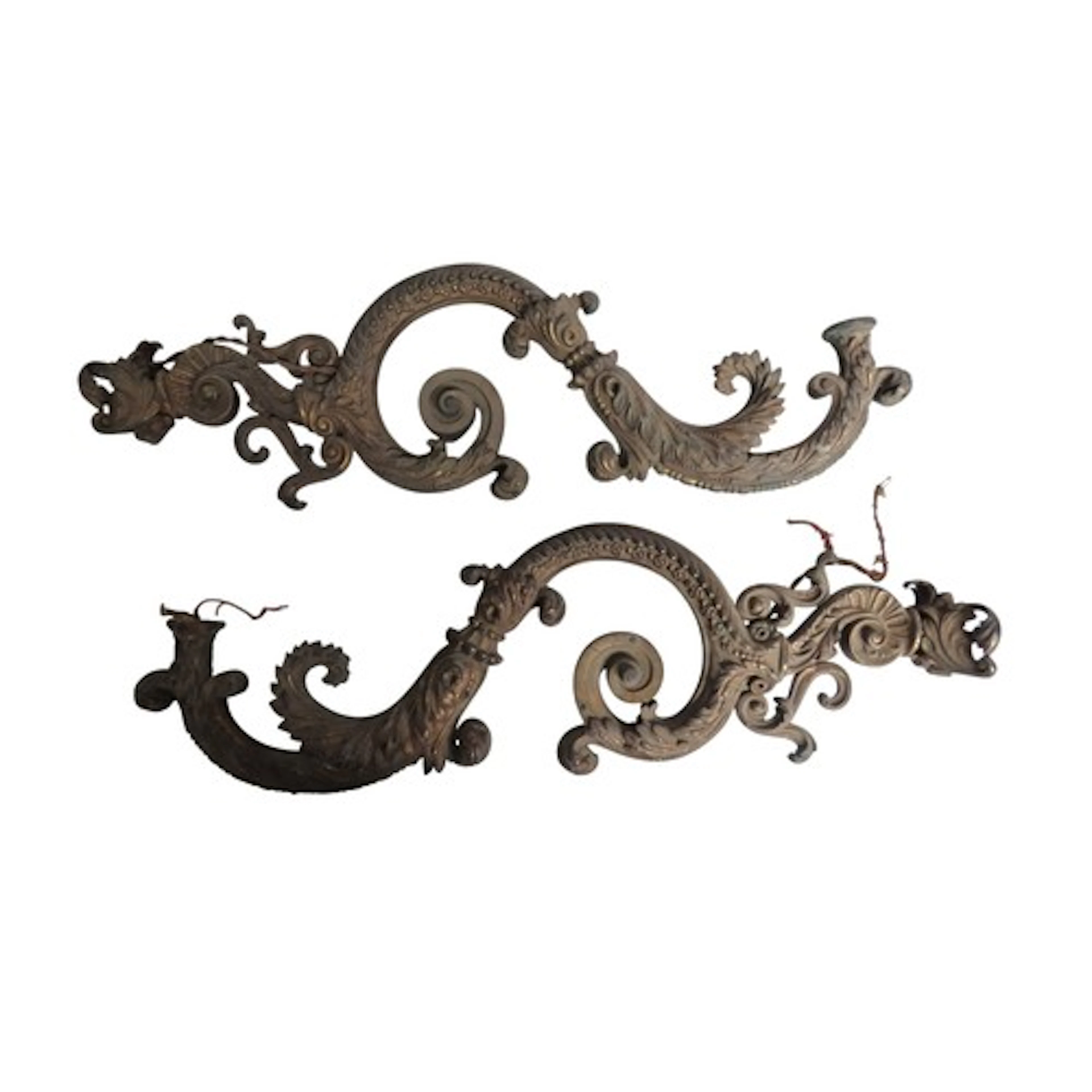 A PAIR OF ORNATE GILT METAL SCROLLING LIGHT BRACKETS 70 cm l...