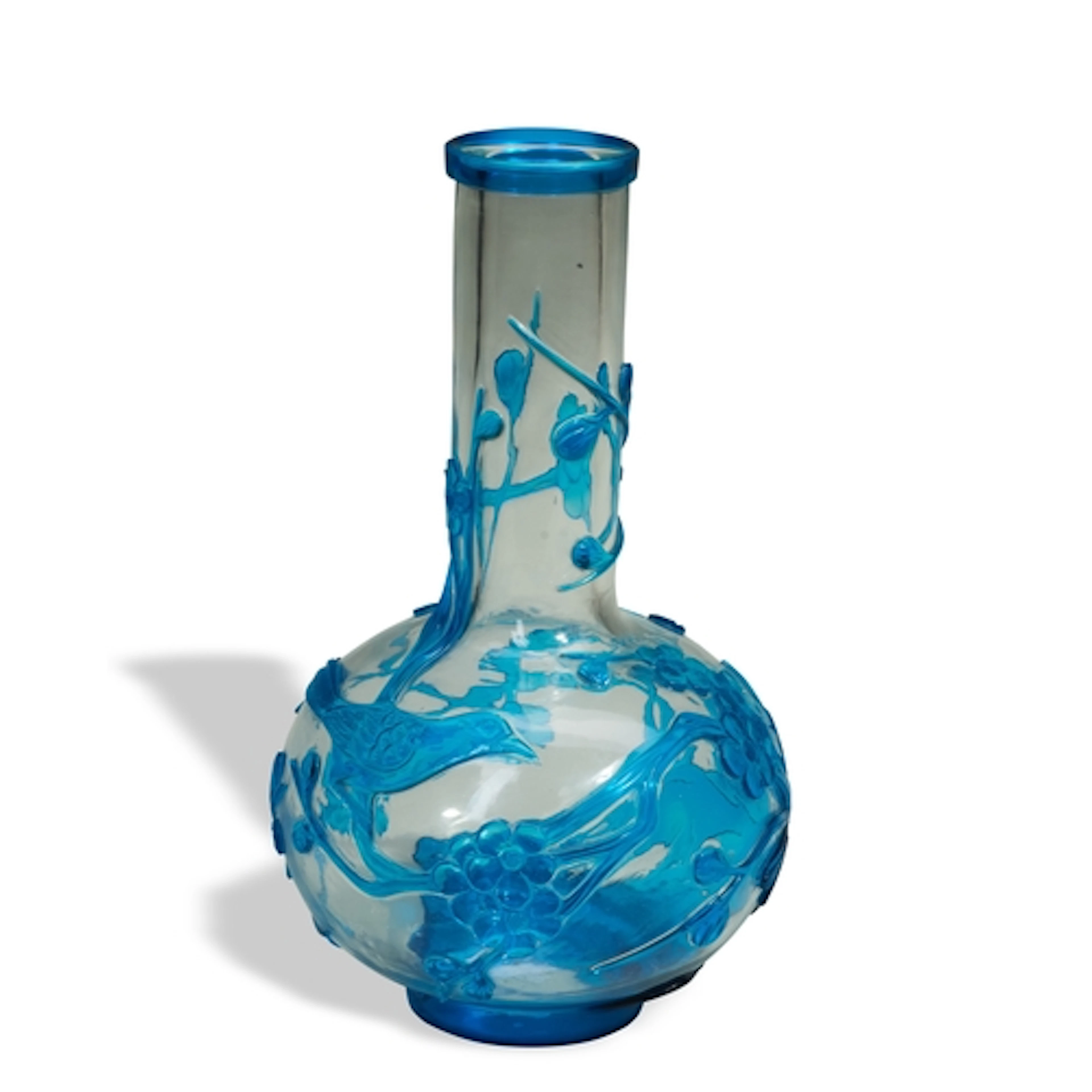 A BLUE-OVERLAY GLASS BOTTLE VASE LATE QING DYNASTY 喜上眉梢蓝料天球瓶...