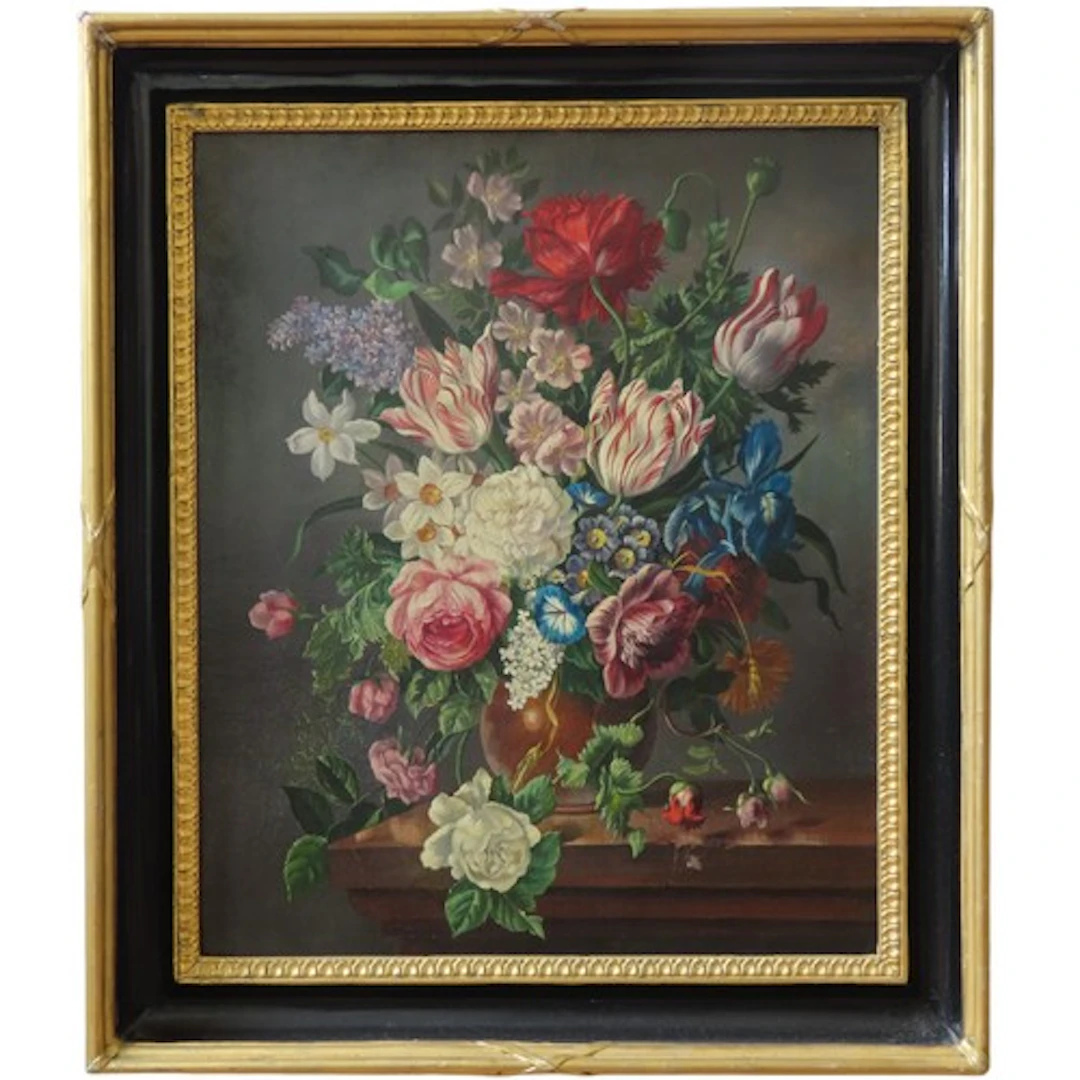 A 19TH CENTURY FLORAL STILL LIFE OIL PAINTING ON CANVAS depi...
