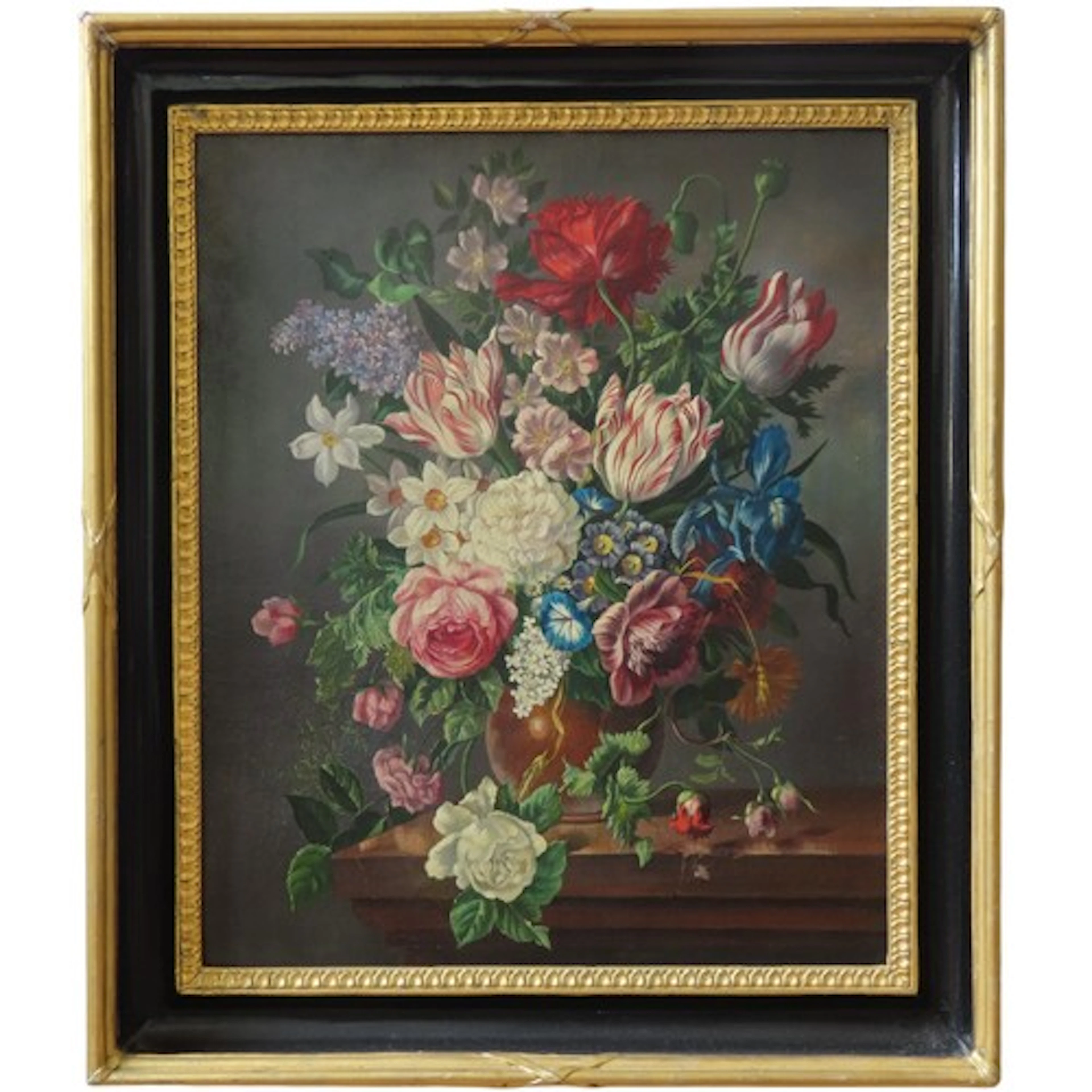 A 19TH CENTURY FLORAL STILL LIFE OIL PAINTING ON CANVAS depi...