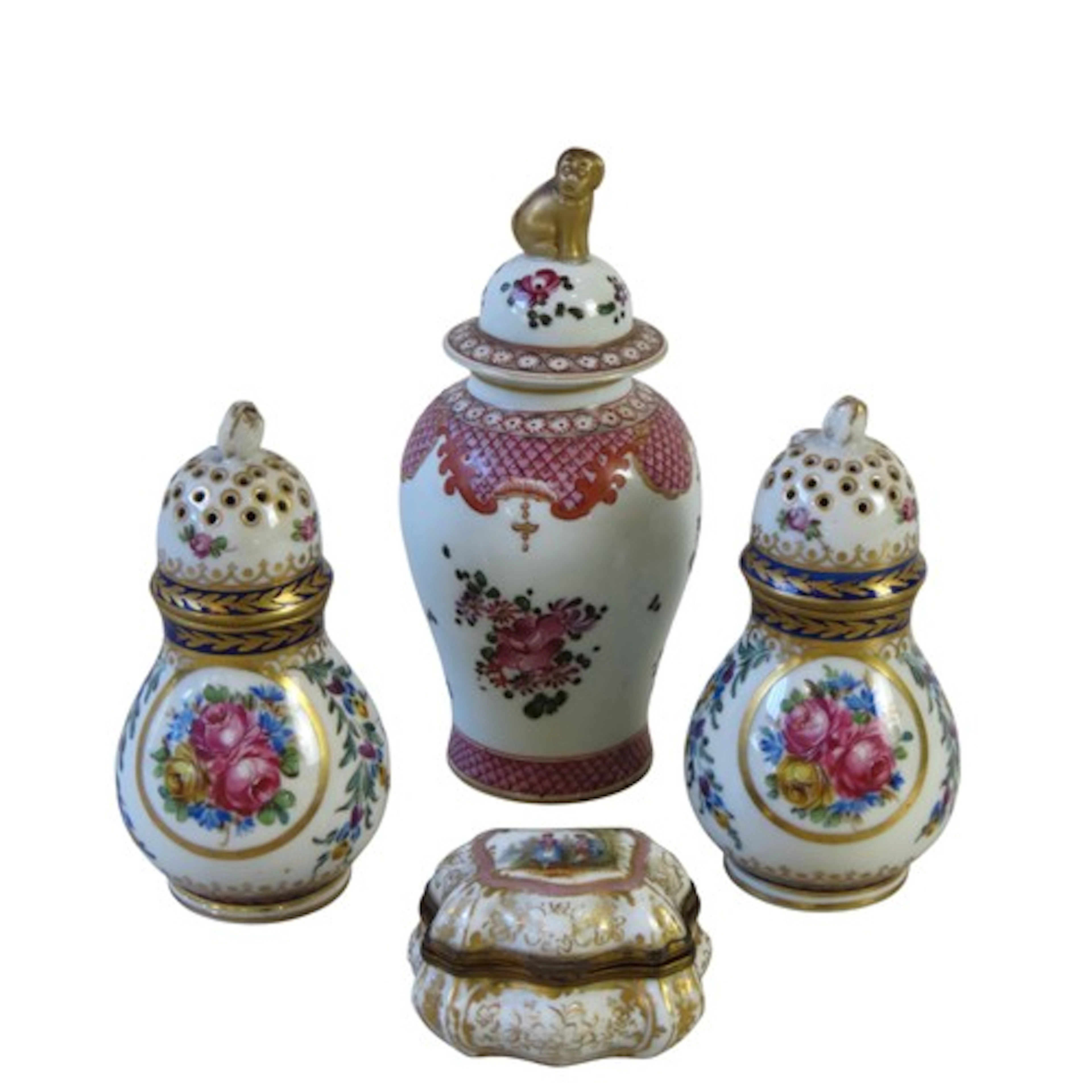 A PAIR OF SEVRES-STYLE SUGAR CASTERS painted with floral spr...