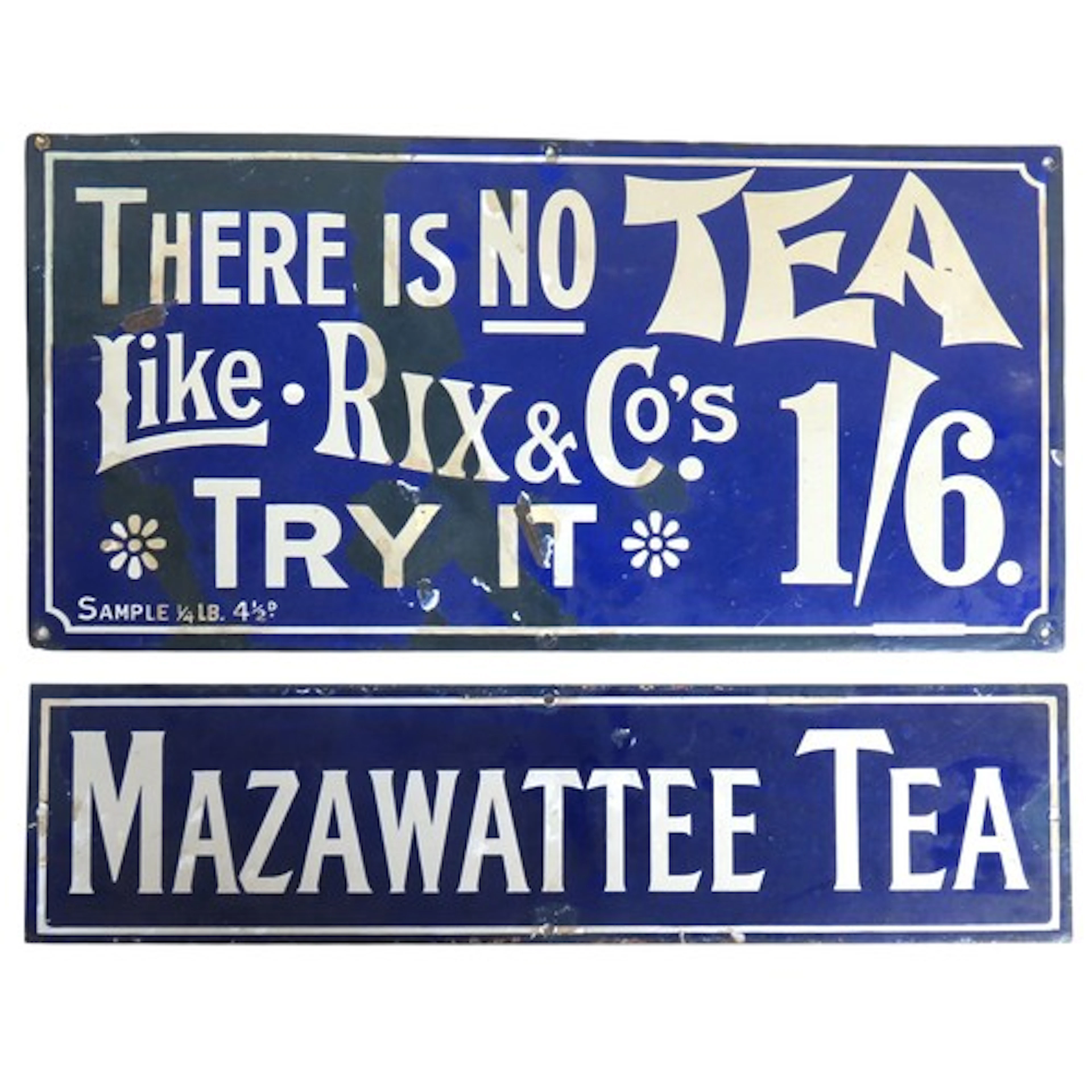 TWO LATE VICTORIAN/EDWARDIAN ENAMELED GROCERY SIGNS FOR MAZA...