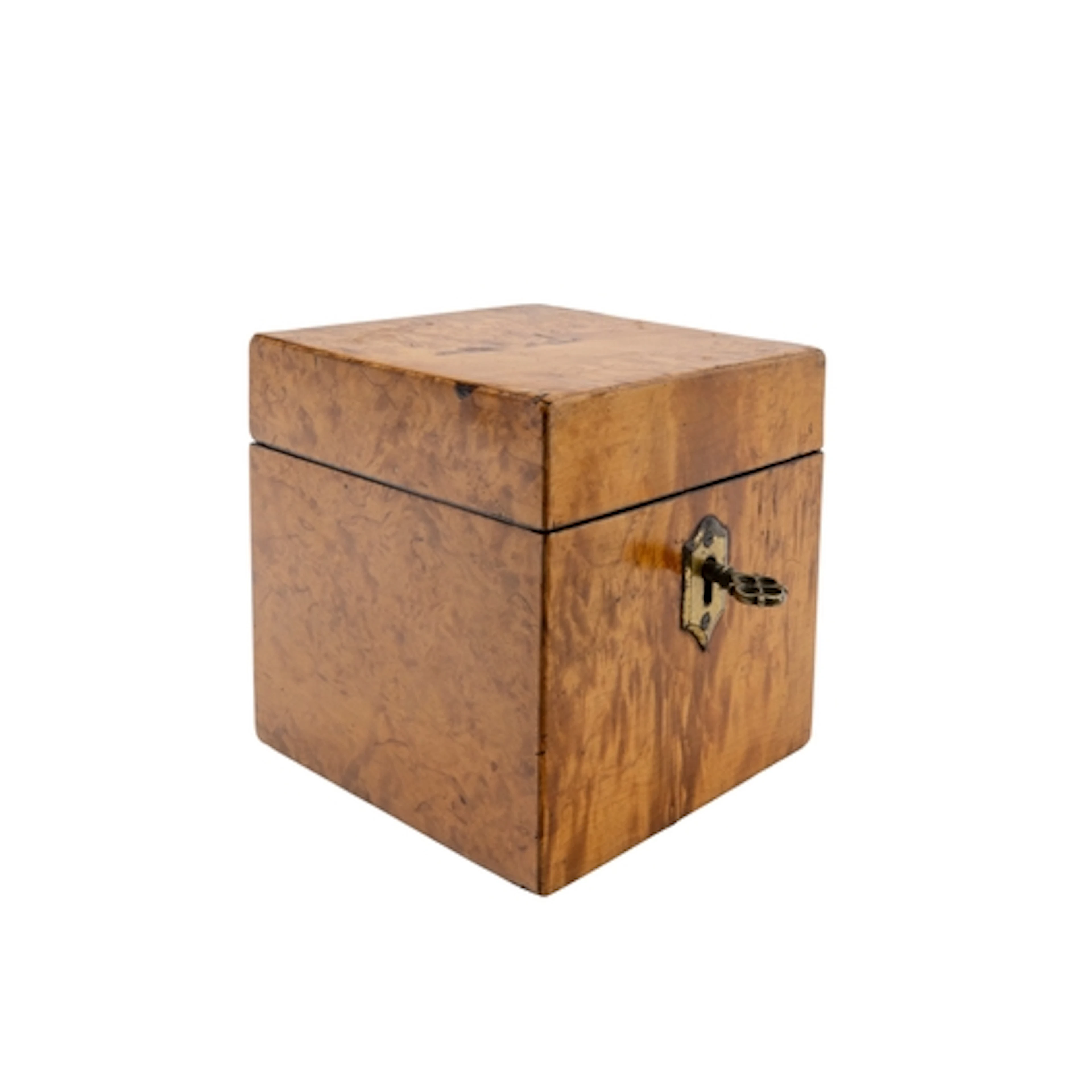SATIN BIRCH SQUARE FORM TEA CADDY 19TH CENTURY The hinge li...