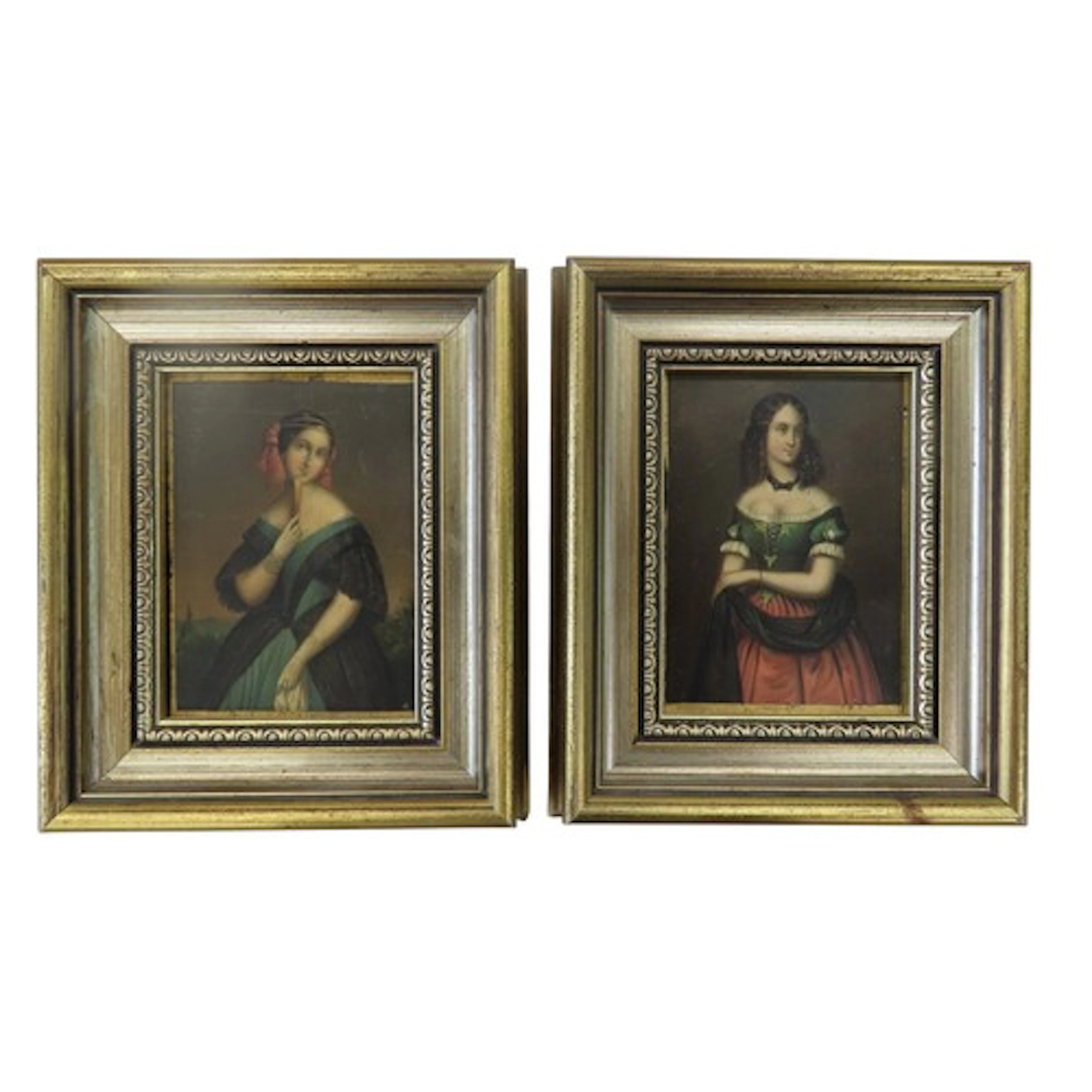 TWO PORTRAIT OIL PAINTINGS ON PANELS depicting elegant ladie...