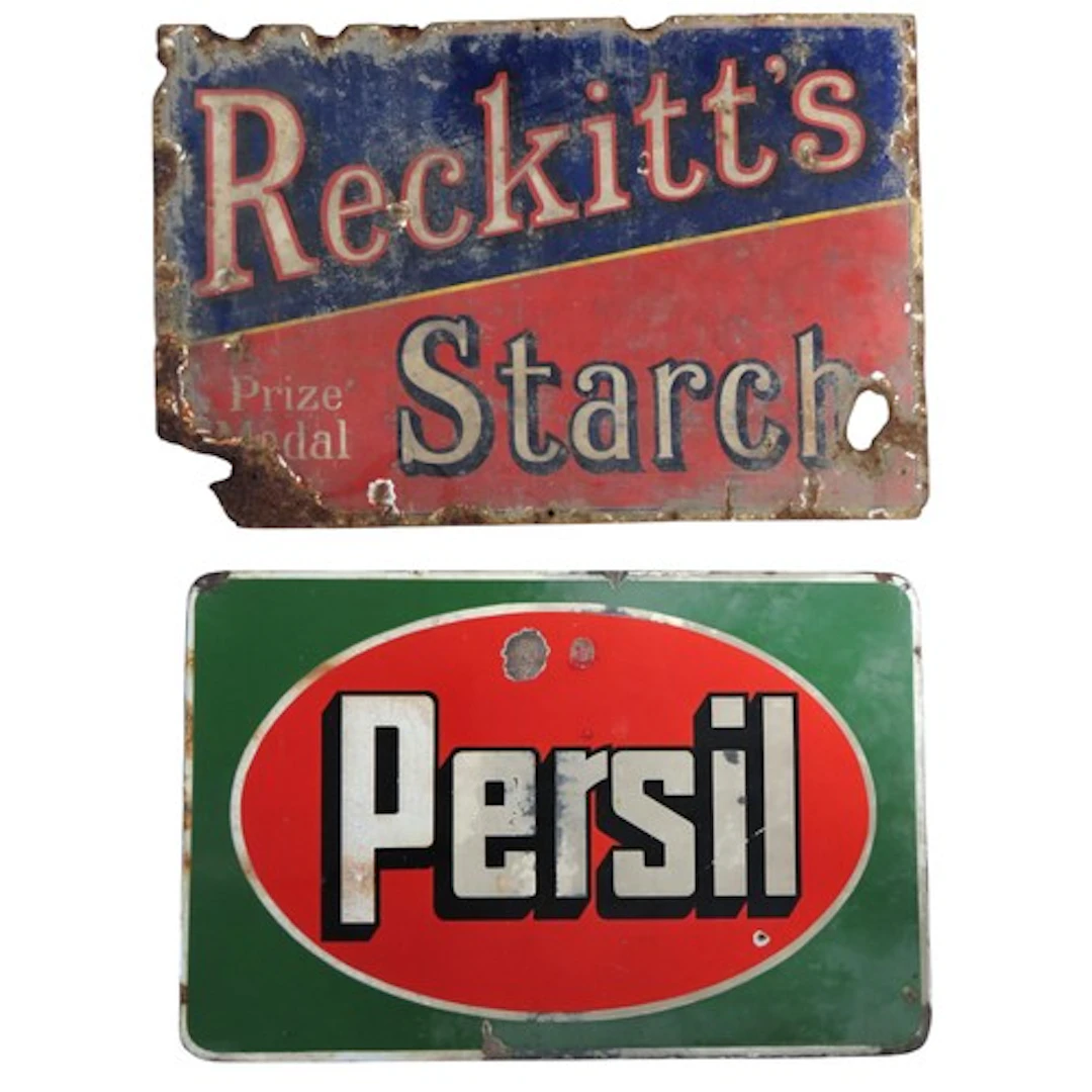 TWO VINTAGE ENAMELED ADVERTISING SIGNS FOR PERSIL & RECK...