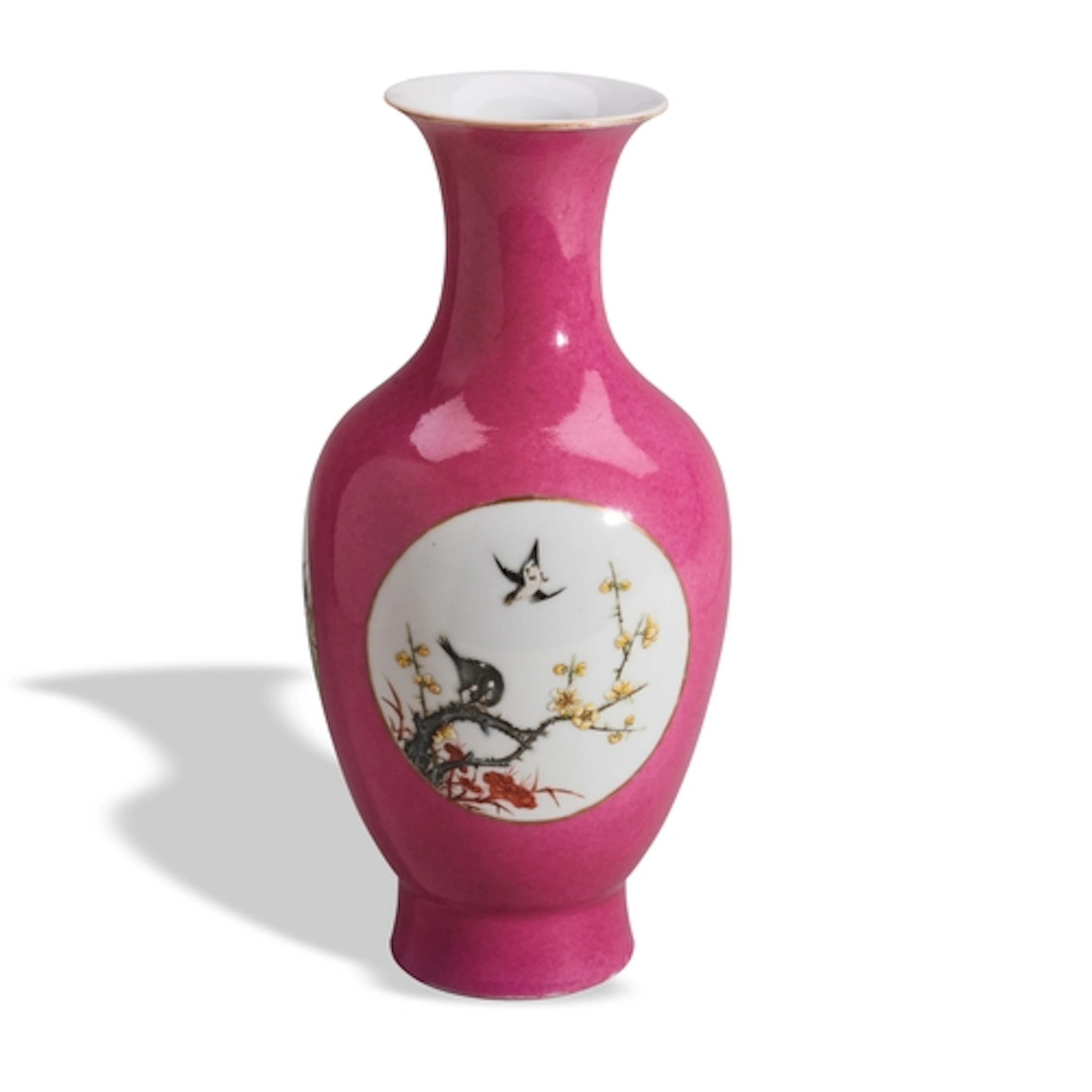 AN EXTREMELY FINE PINK ENAMEL GROUND VASE CIRCA 1930 with fl...